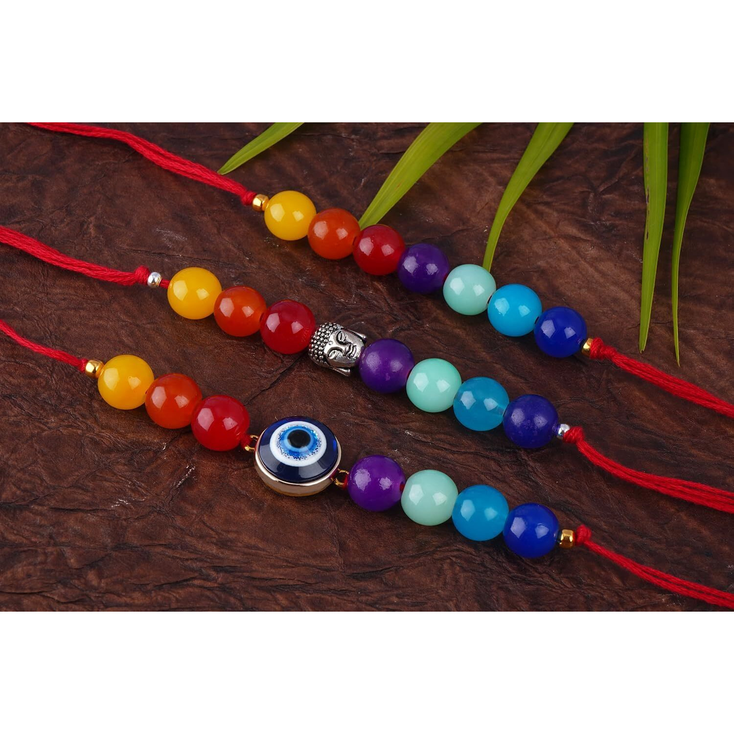 Jfl Mens - Jewellery For Less Combo Of 3 Fashion 7 Chakra With Evil Eye And Buddha Rakhi For Rakshabandhan Festival Bhaiya Rakhi Handcrafted With Roli Chawal Handwritten