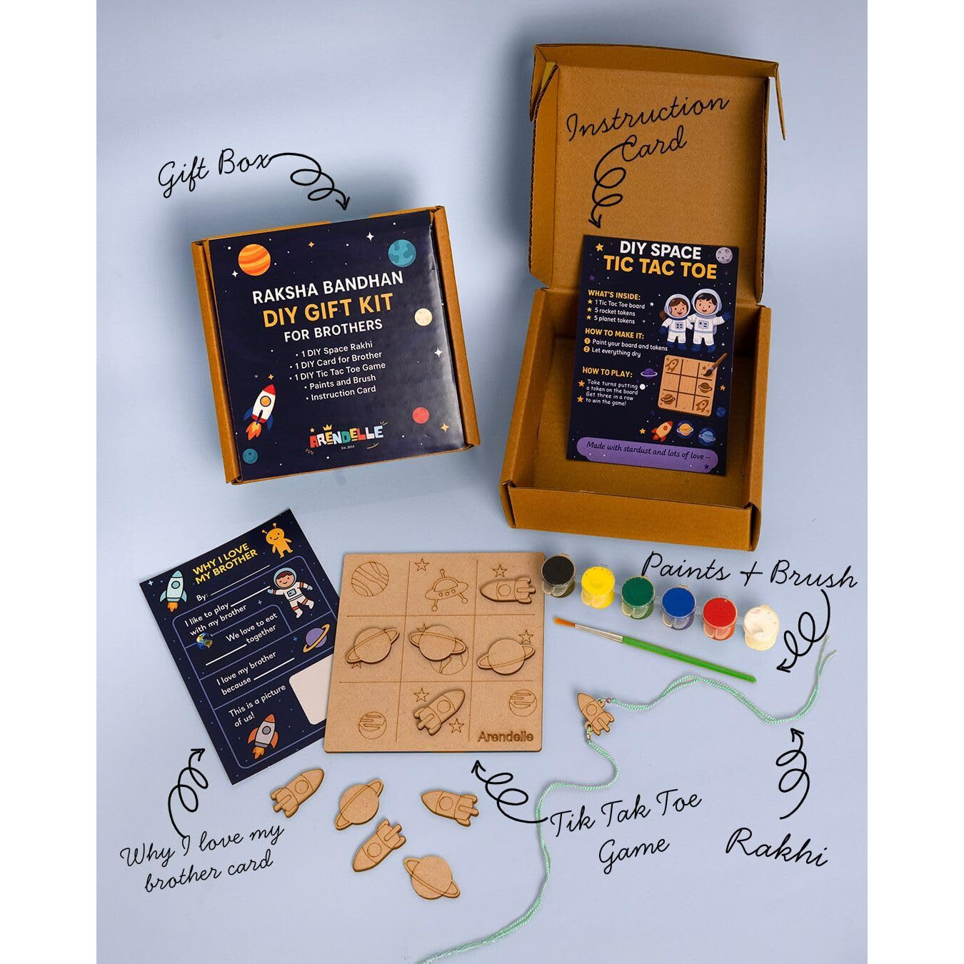 Arendelle Diy Rakhi Gift Box For Brothers  Space Edition | Paintable Rakhi, Rocket Vs Planet Game, Why I Love My Bhai Card, Paints & Brush | Raksha Bandhan Return Gift For Kids