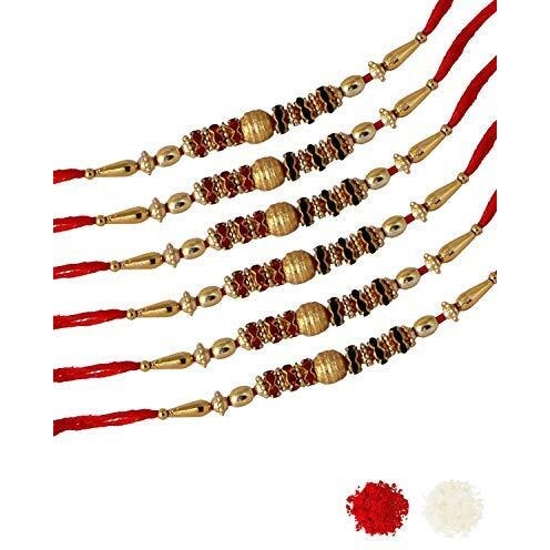 Kartik Rakhi For Brother Set Of Piece 6. With Roli Chawal Bottles & Greeting Card