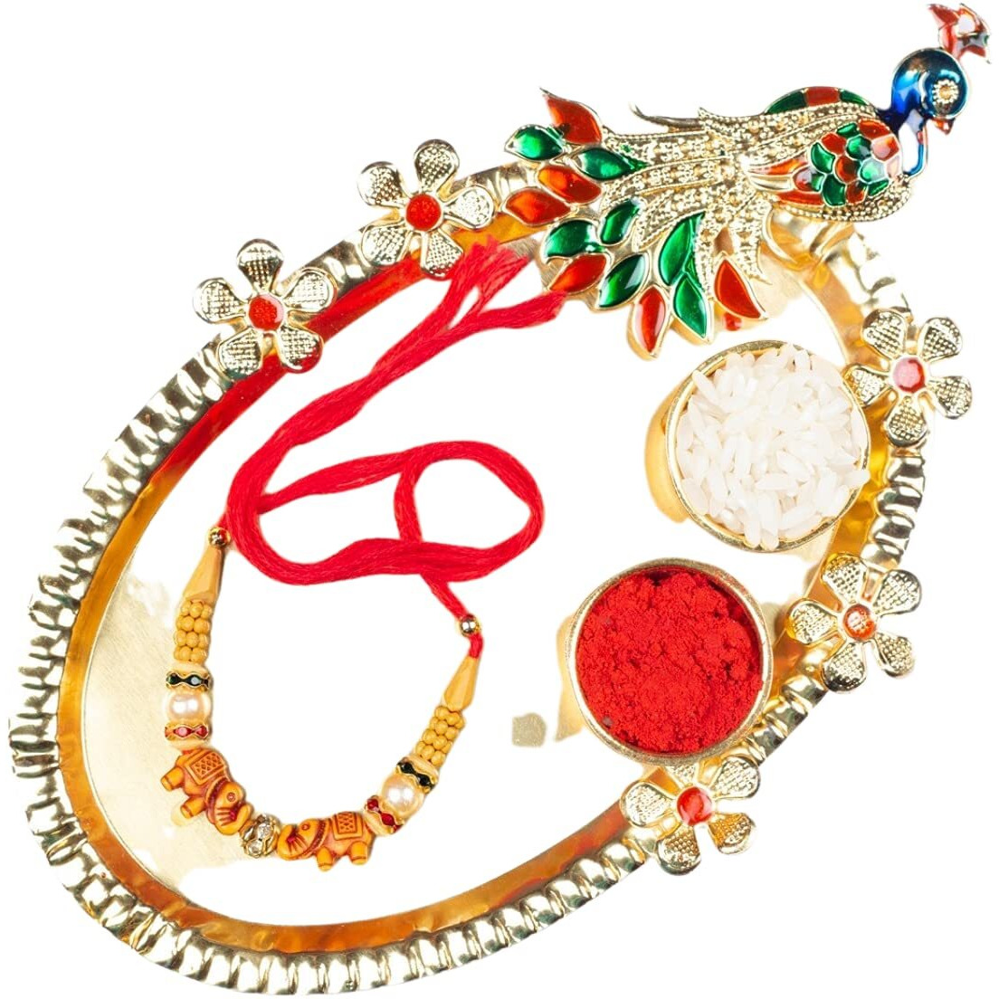 Accessher Traditional Elephant Design Rakhi For Brother, Kids Rakhi With Peacock Pooja Thali, Roli Kumkum And Happy Raksha Bandhan Card