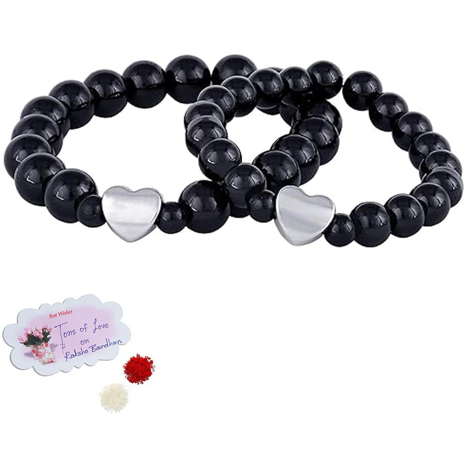 Jfl Unisex Adult - Jewellery For Less Combo Of Black Stone With Sliver Plated Heart Handmade Stretchable Bracelet Rakhi For Couple,Valentine