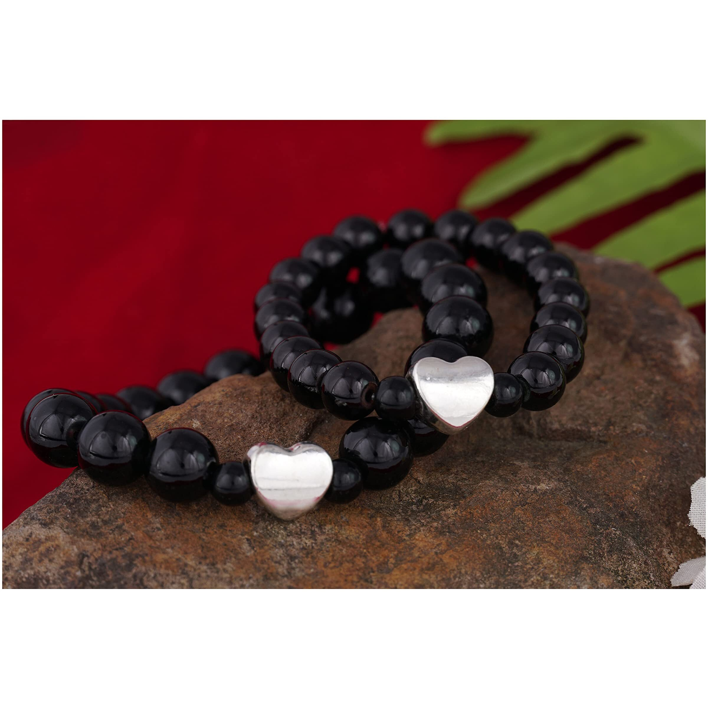 Jfl Unisex Adult - Jewellery For Less Combo Of Black Stone With Sliver Plated Heart Handmade Stretchable Bracelet Rakhi For Couple,Valentine
