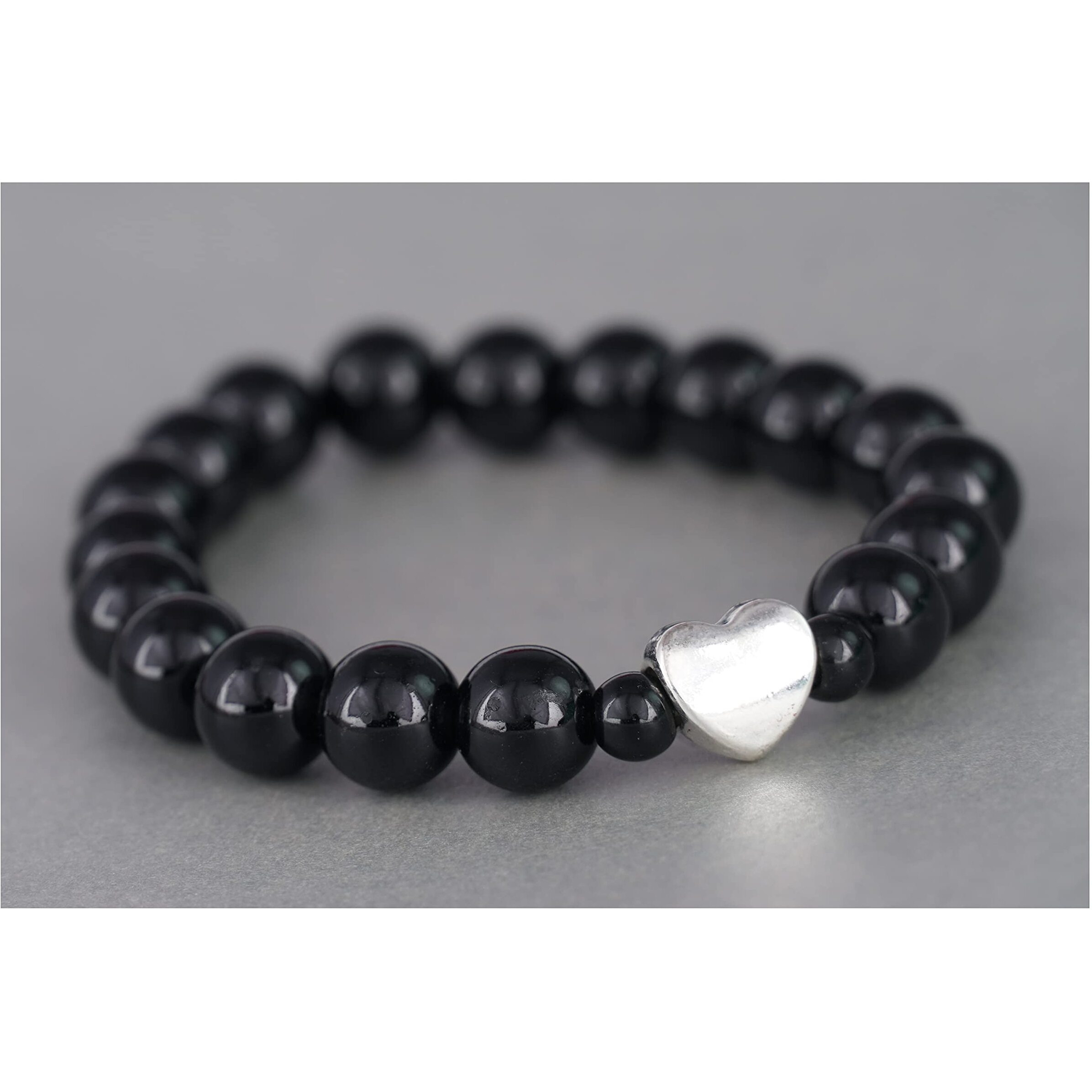 Jfl Unisex Adult - Jewellery For Less Combo Of Black Stone With Sliver Plated Heart Handmade Stretchable Bracelet Rakhi For Couple,Valentine