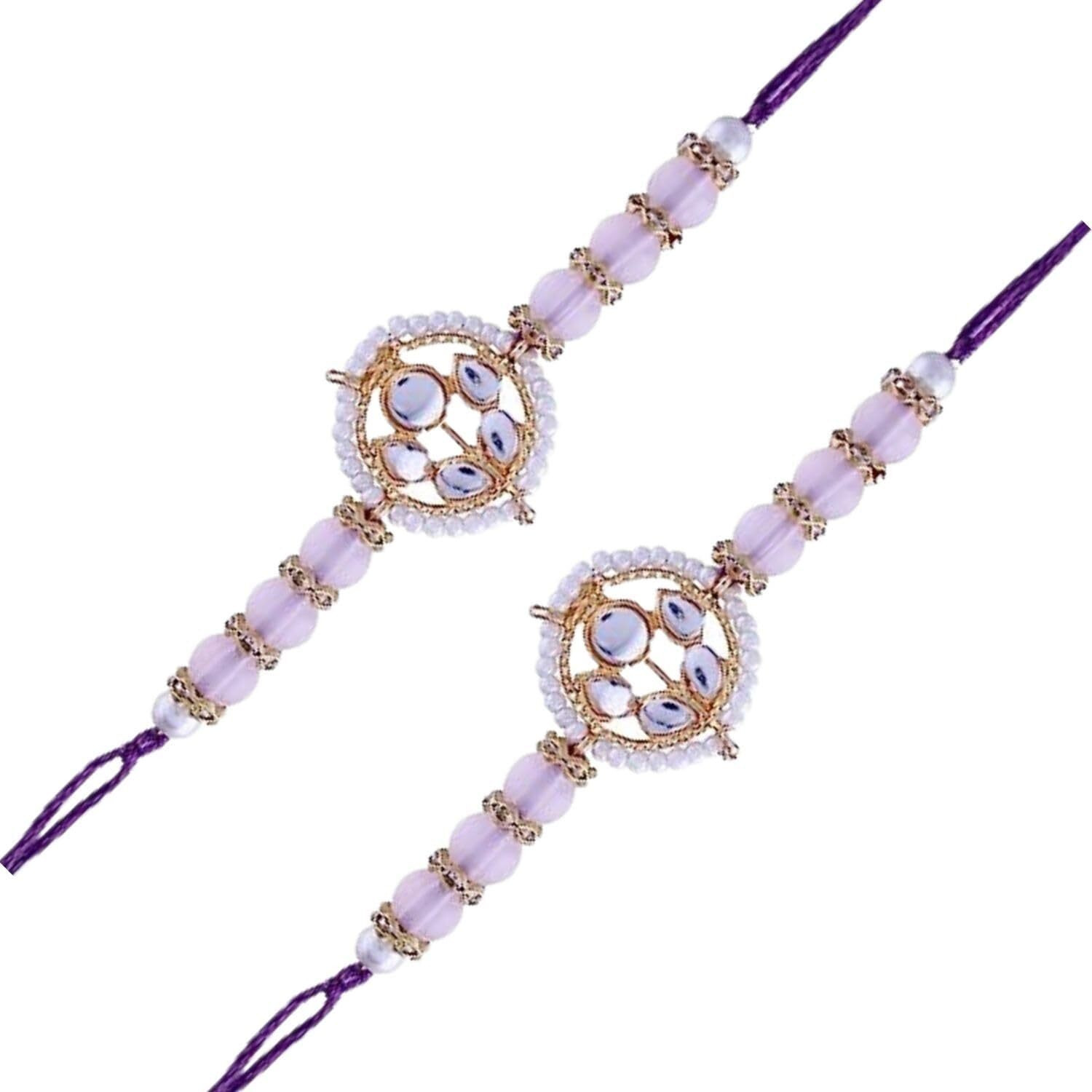 I Jewels Mens Rakshabandhan Special Kundan Pearl Combo Rakhi With Roli Chawal & Rakshabandhan Card For Brother/Bro/Bhai (R072Pi-2) (Set Of 2)