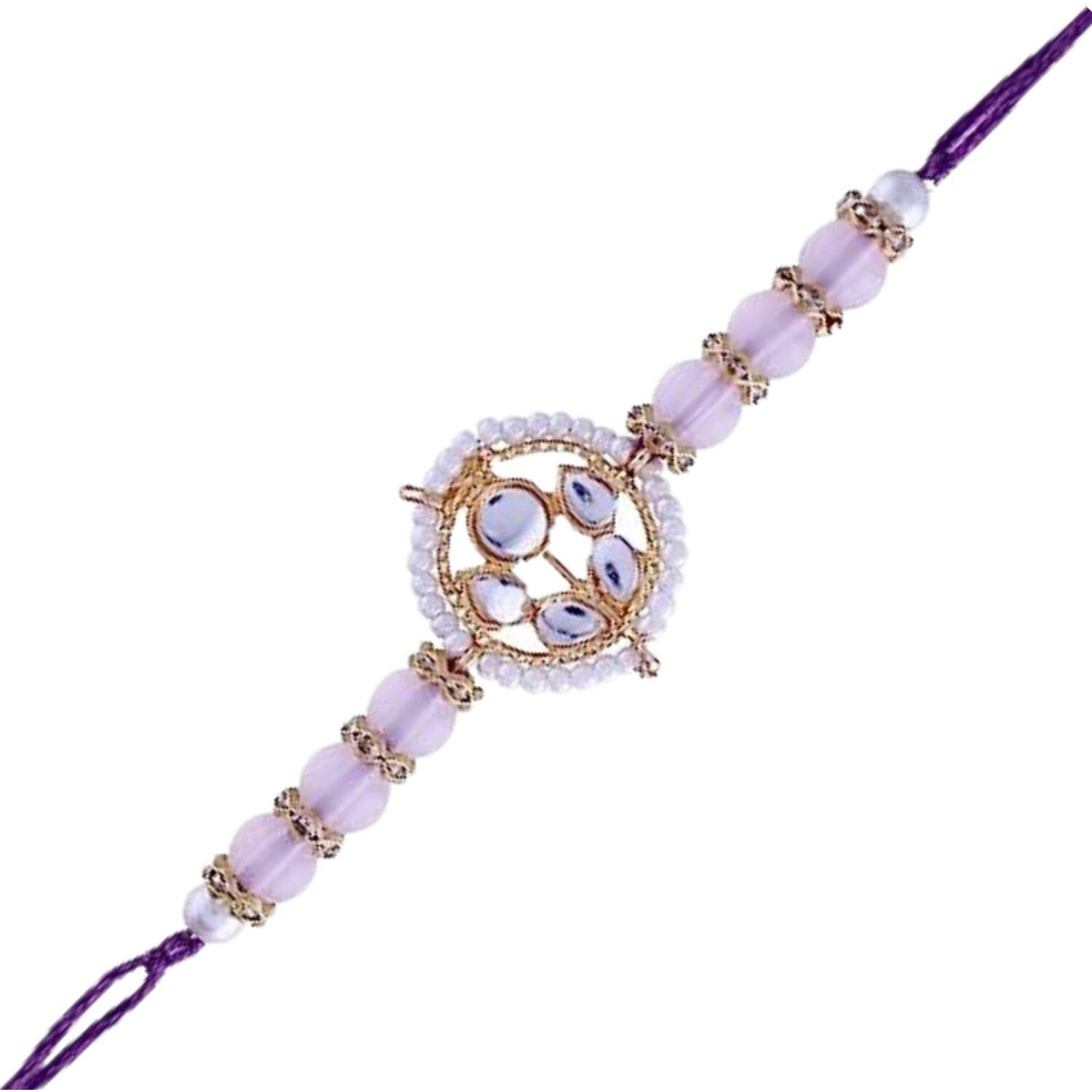 I Jewels Mens Rakshabandhan Special Kundan Pearl Combo Rakhi With Roli Chawal & Rakshabandhan Card For Brother/Bro/Bhai (R072Pi-2) (Set Of 2)