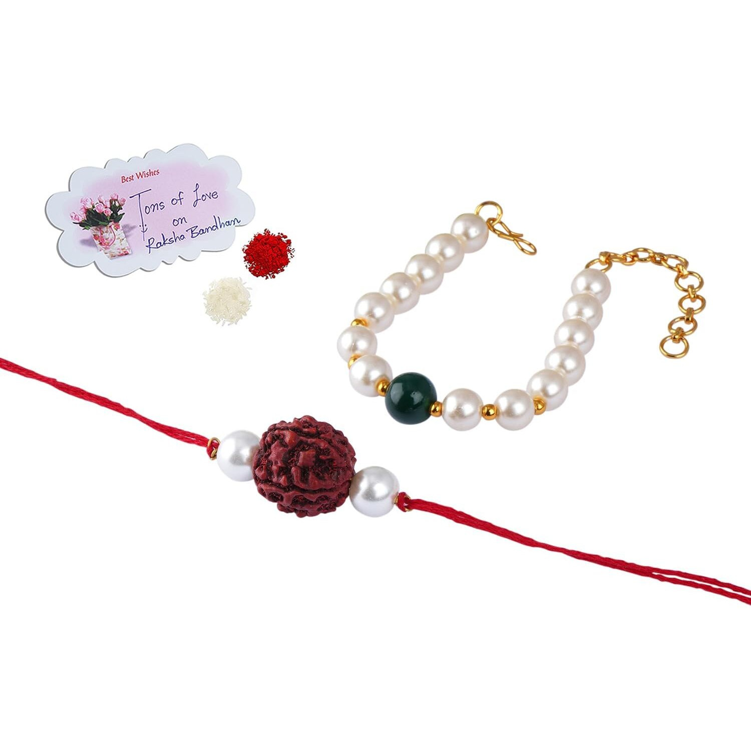 Jfl - Jewellery For Less Handmade Rakhi For Brother Combo Couple Pair Rudraksha Rakhi N Onyx Pearl Bracelet Set For Bhaiya Fancy Rakhi With Roli Chawal For Raksha Bandhan