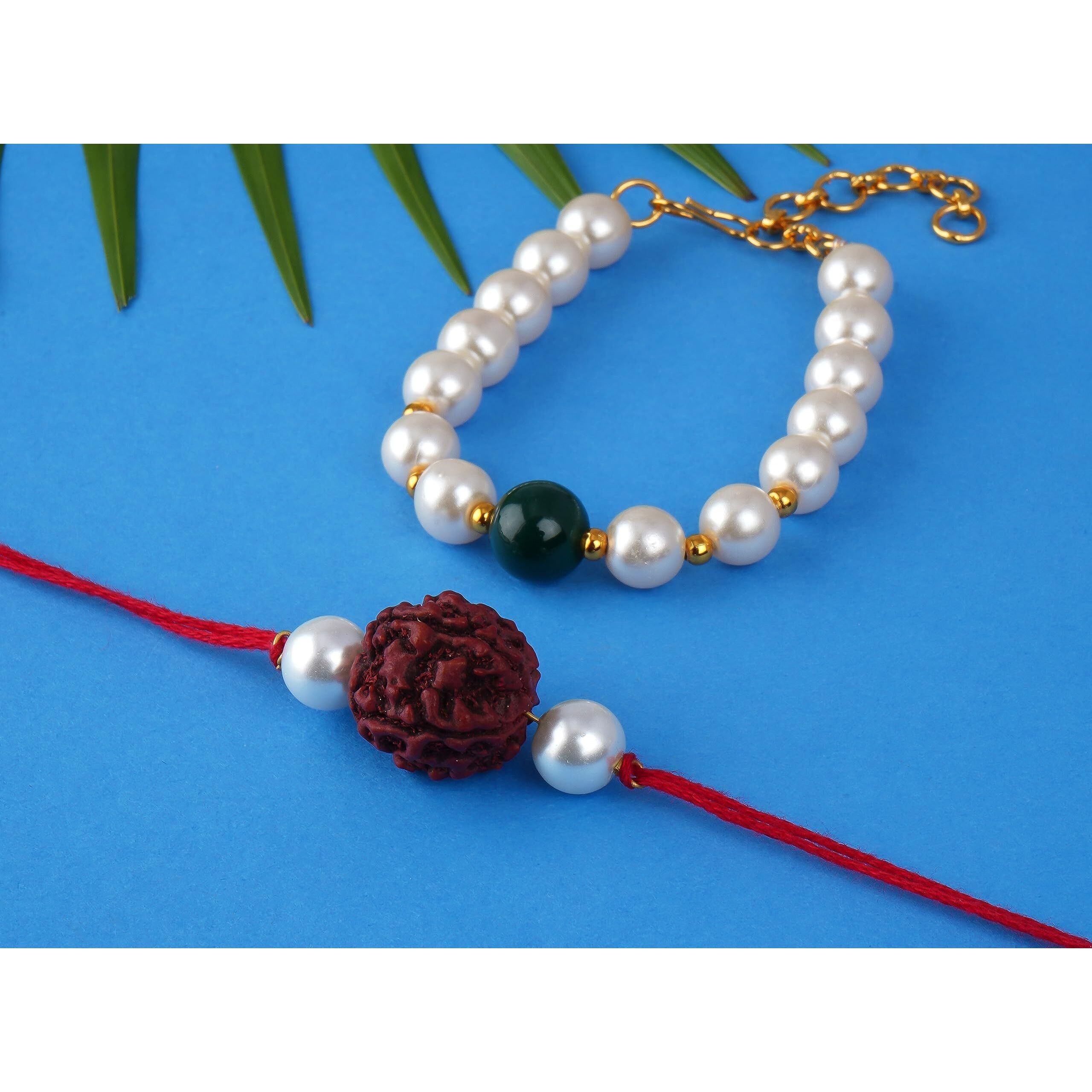 Jfl - Jewellery For Less Handmade Rakhi For Brother Combo Couple Pair Rudraksha Rakhi N Onyx Pearl Bracelet Set For Bhaiya Fancy Rakhi With Roli Chawal For Raksha Bandhan