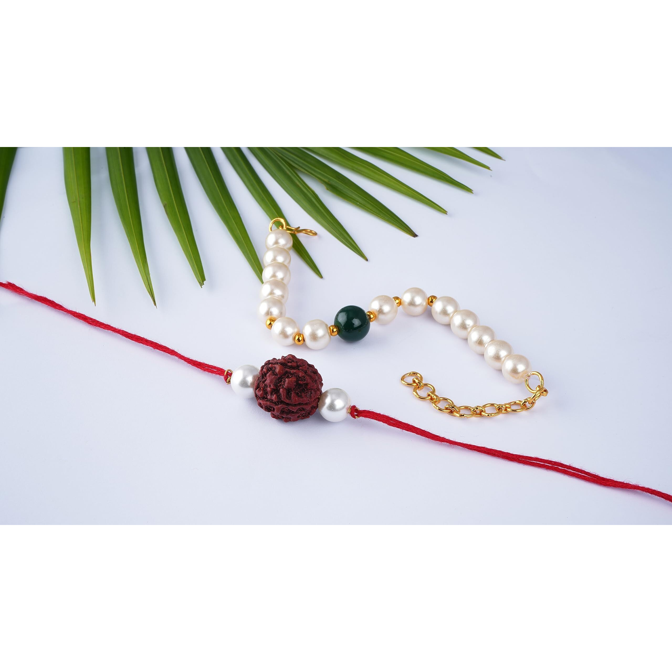 Jfl - Jewellery For Less Handmade Rakhi For Brother Combo Couple Pair Rudraksha Rakhi N Onyx Pearl Bracelet Set For Bhaiya Fancy Rakhi With Roli Chawal For Raksha Bandhan