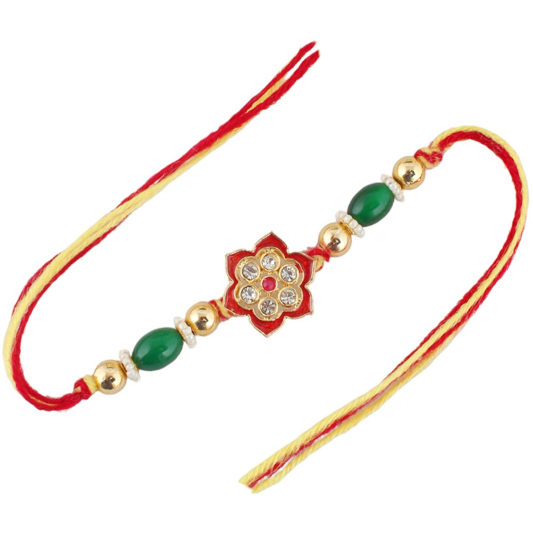 Lucky Jewellery Designer Gold-Plated Maroon Color Meena Red & Yellow Thread Rakhi -Fancy Rakshabandhan Rakhee Bracelet For Brother/Bro/Bhaiya/Bhai/Bhabhi Rakshasutra (111-Jpm1Cr1-1847-Mg-2)