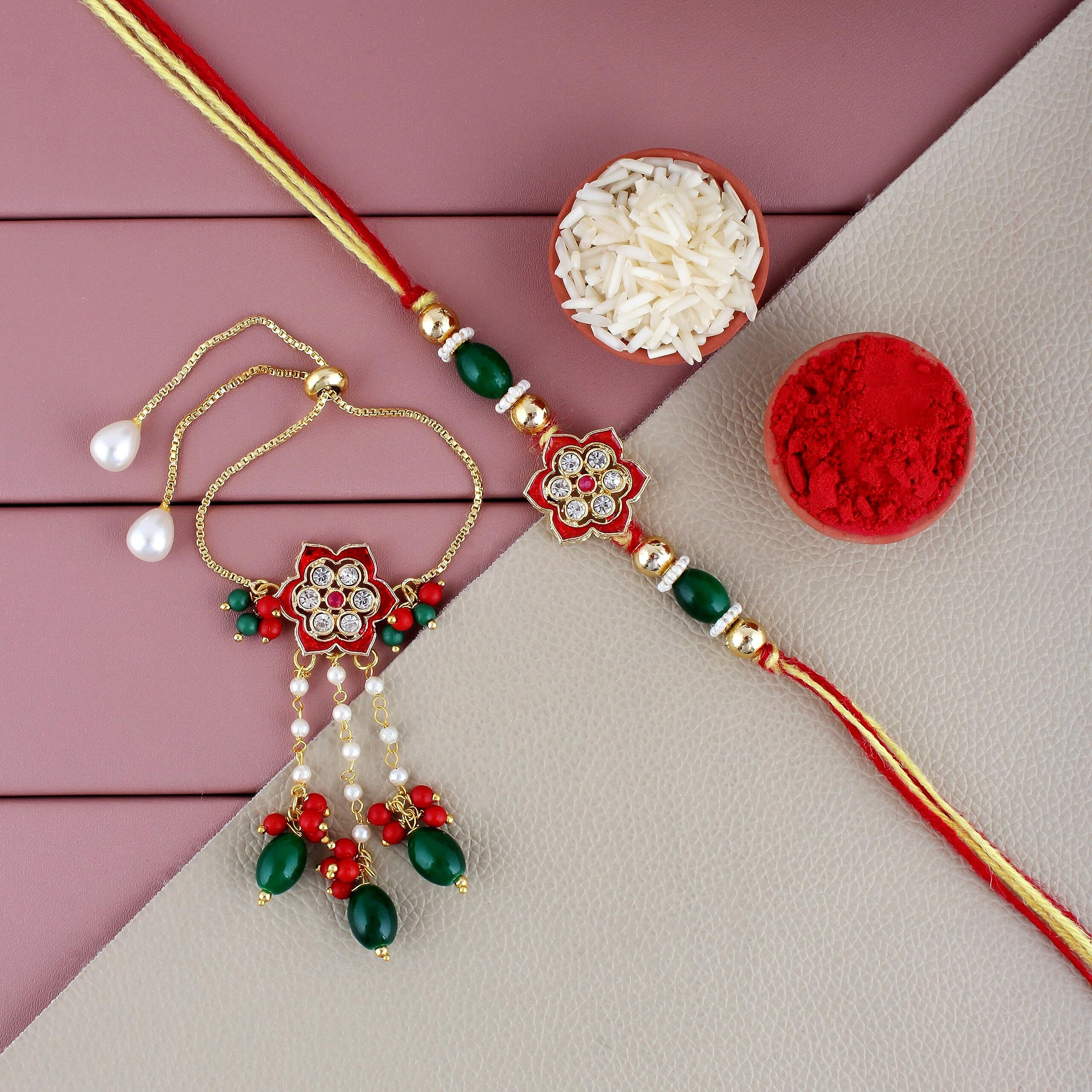 Lucky Jewellery Designer Gold-Plated Maroon Color Meena Red & Yellow Thread Rakhi -Fancy Rakshabandhan Rakhee Bracelet For Brother/Bro/Bhaiya/Bhai/Bhabhi Rakshasutra (111-Jpm1Cr1-1847-Mg-2)