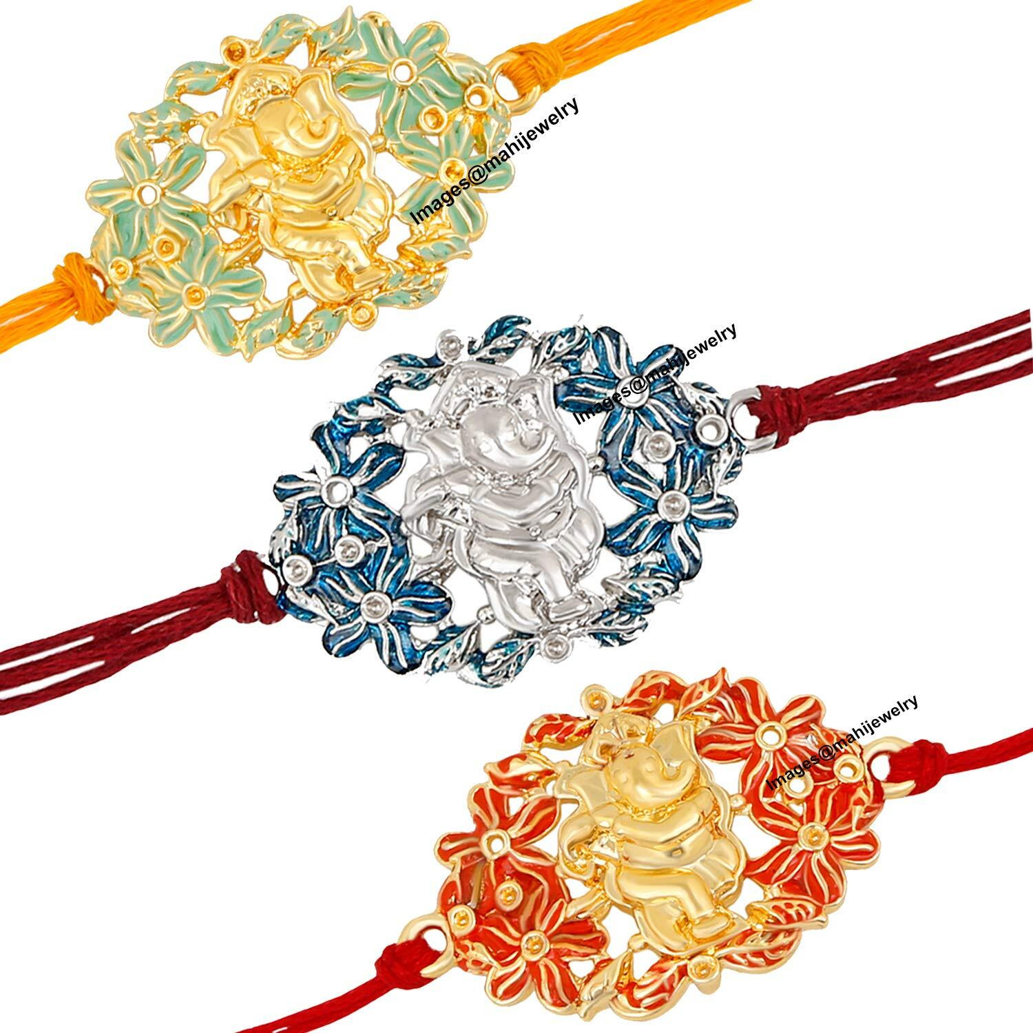 Mahi Combo Of 3 Floral Meenakari Inspired Lord Ganesha Rakhi (Bracelet) With Crystals For Adorable Brothers/Bhaiya (Rco1104964Mc)