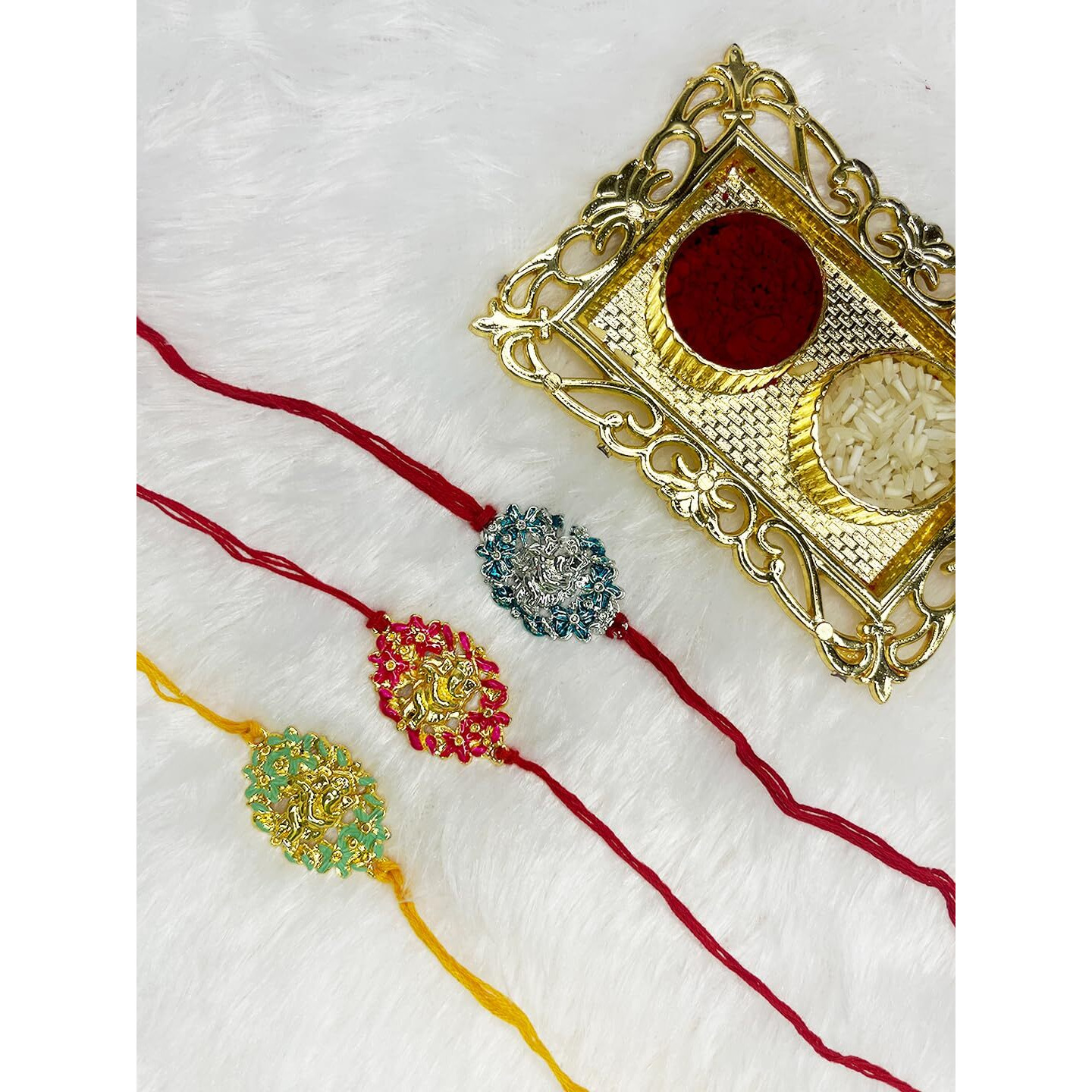Mahi Combo Of 3 Floral Meenakari Inspired Lord Ganesha Rakhi (Bracelet) With Crystals For Adorable Brothers/Bhaiya (Rco1104964Mc)