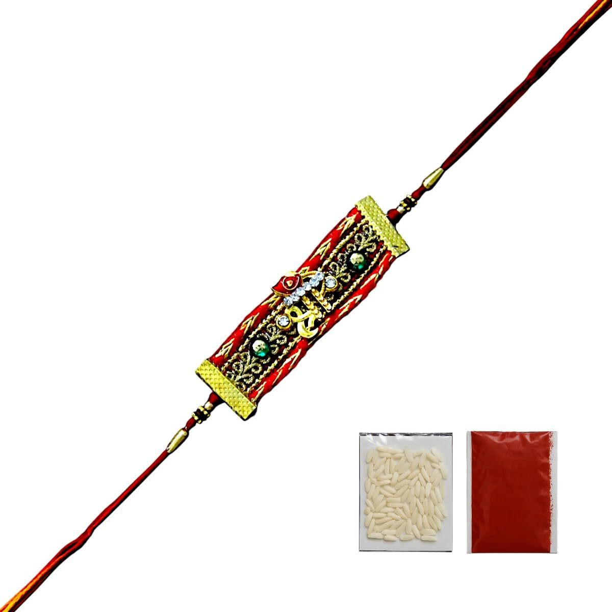 Accessher Mens Traditional Red Stylish Deity Ganesha Lace Rakhi For Beloved Brother Pack Of 1 With Roli Kumkum Packets And Happy Rakshabandhan Card