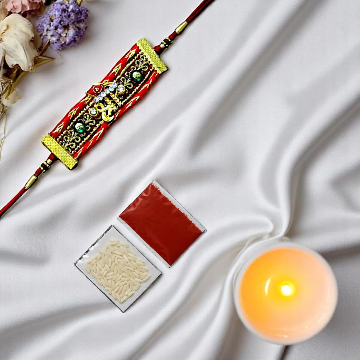 Accessher Mens Traditional Red Stylish Deity Ganesha Lace Rakhi For Beloved Brother Pack Of 1 With Roli Kumkum Packets And Happy Rakshabandhan Card
