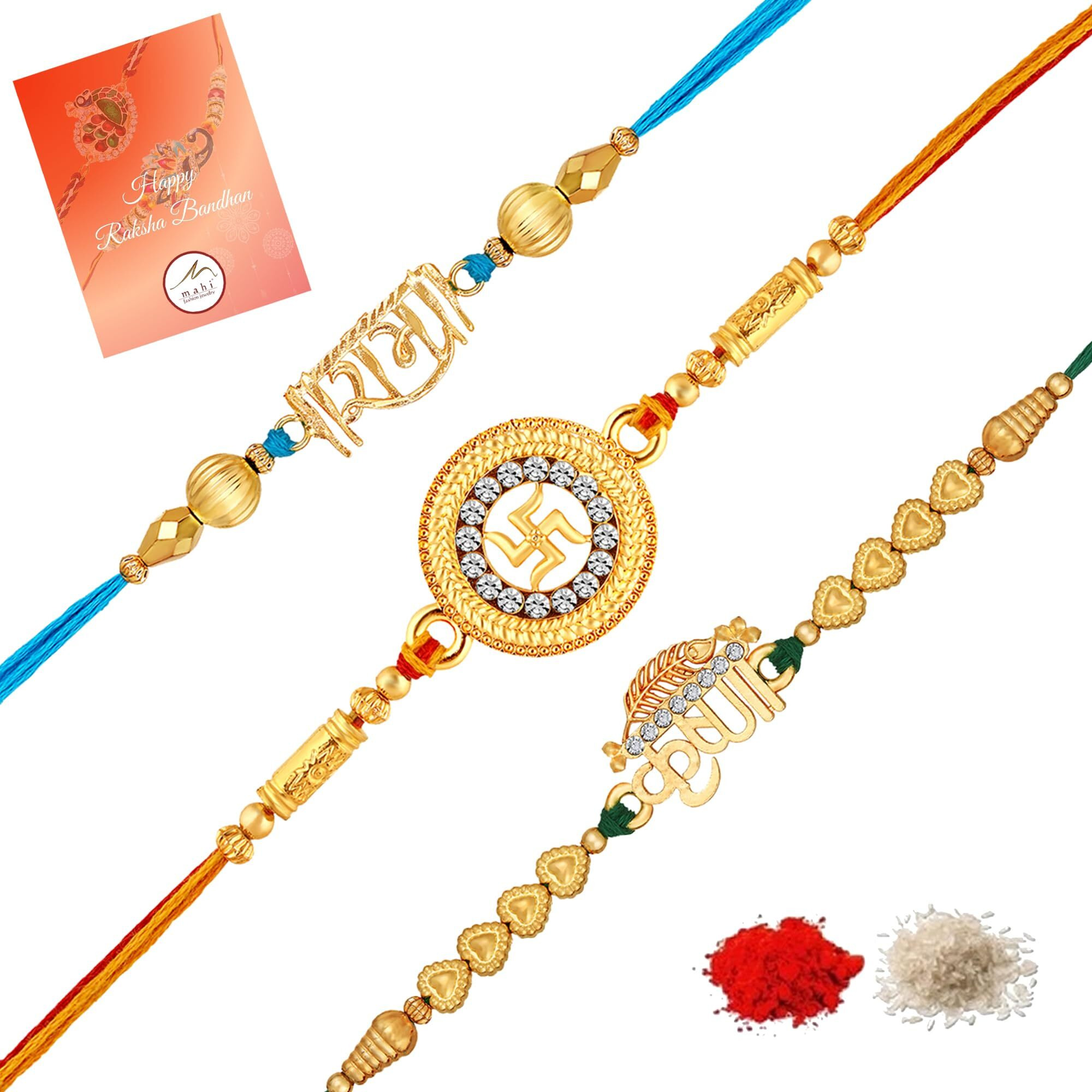 Mahi Gold Plated Religious Combo Of Swastik, Rama And Krushana Rakhi For Brother, Bhai, Bro (Rco1105713G)