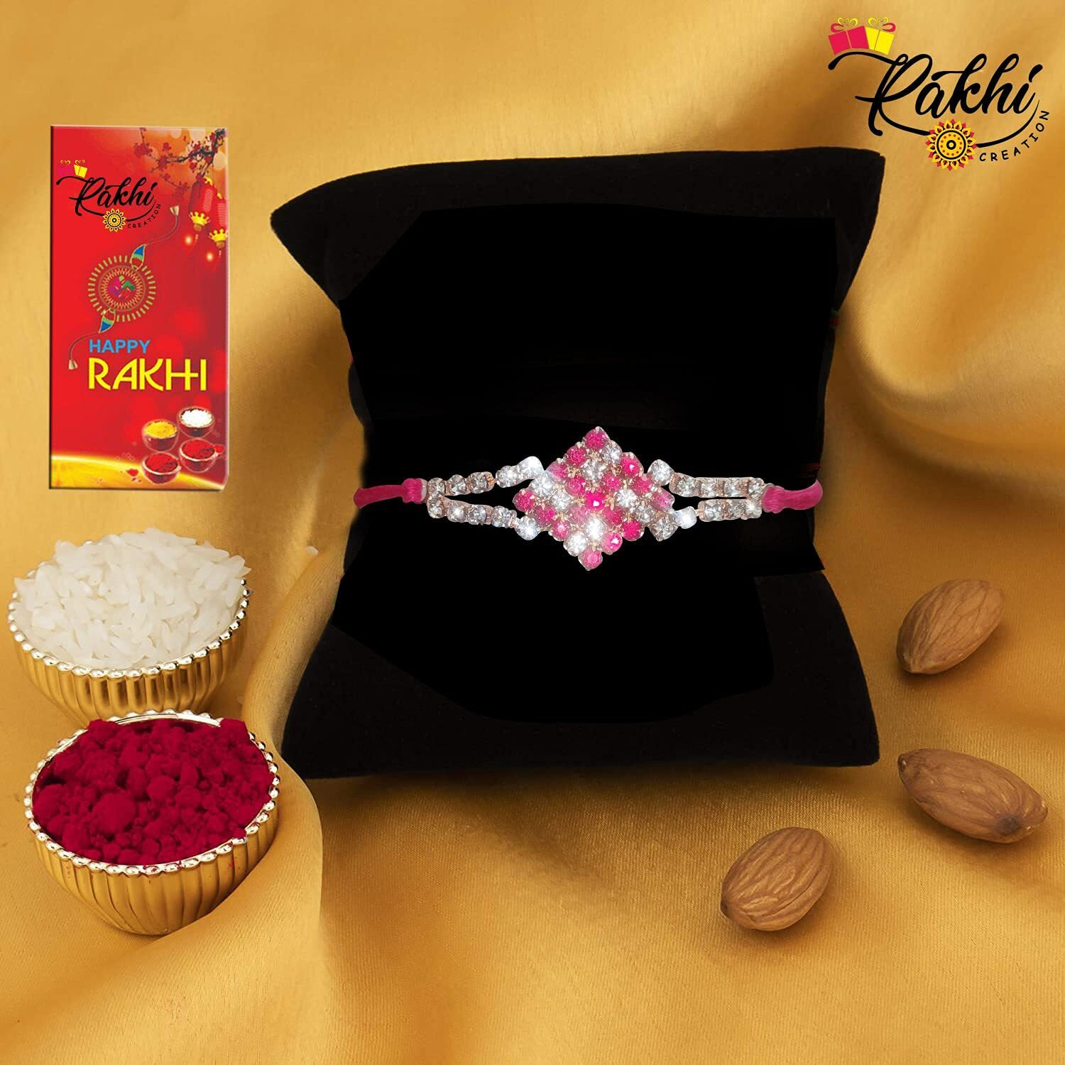 Case Creation Unisex Crystal Handcrafted Ad Stone Rakhi For Brother Religious Swastik Set Of 5 Rakhi Diamond