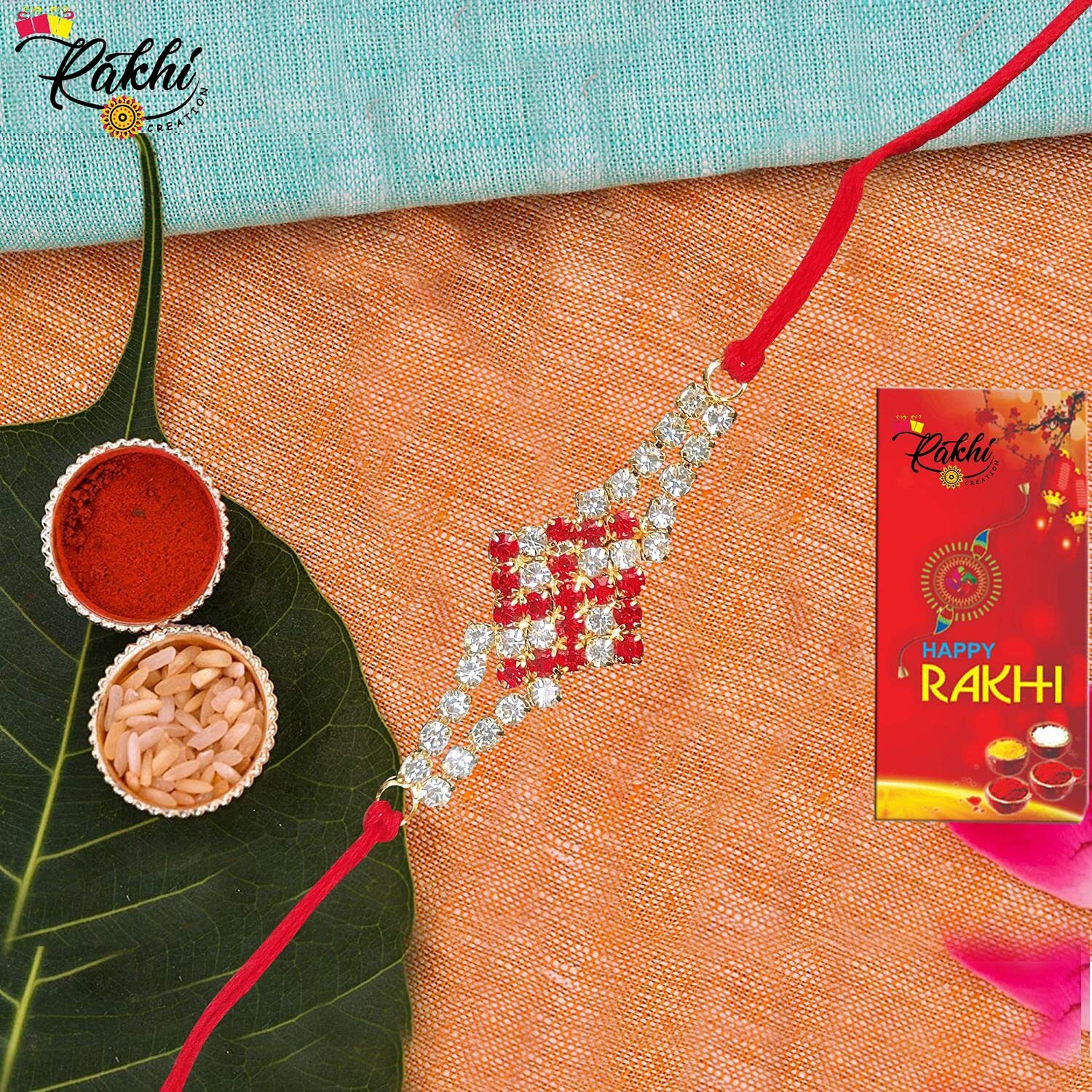 Case Creation Unisex Crystal Handcrafted Ad Stone Rakhi For Brother Religious Swastik Set Of 5 Rakhi Diamond