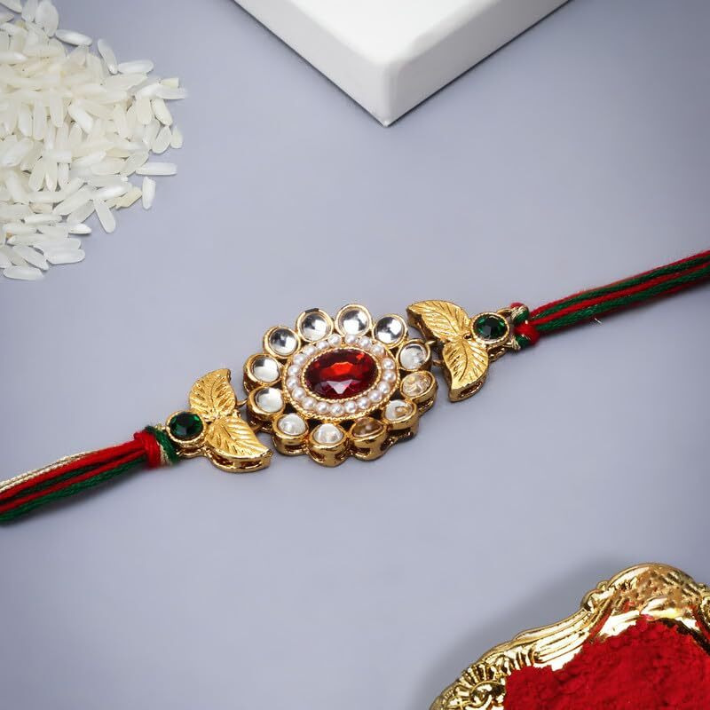 The Purple Tree Kundan Rakhi For Brother With Roli Chawal And Card (Set Of 1) Rakhi For Bhai, Rakshabandhan Gift For Brother,