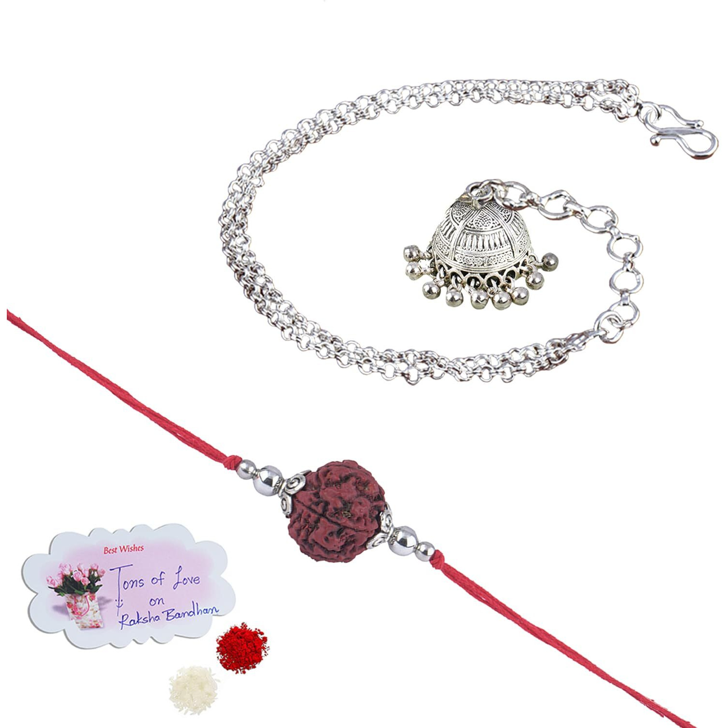 Jfl Unisex Adult-Jewelleryforless Handmade Rakhi Combo Couple Pair Panch Mukhi Rudraksha & Silver Plated Jhumki Bracelet Rakhi Set For Bhaiya Bhabhi With Roli Chawal And Written Greeting Note