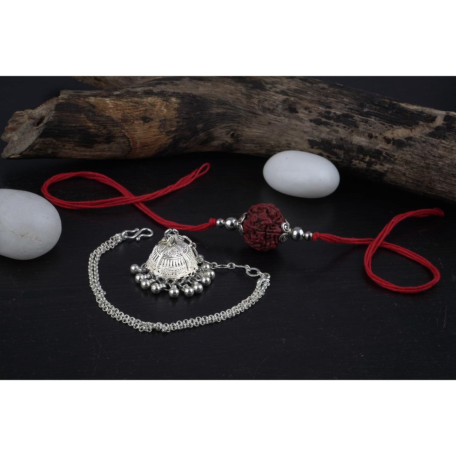 Jfl Unisex Adult-Jewelleryforless Handmade Rakhi Combo Couple Pair Panch Mukhi Rudraksha & Silver Plated Jhumki Bracelet Rakhi Set For Bhaiya Bhabhi With Roli Chawal And Written Greeting Note