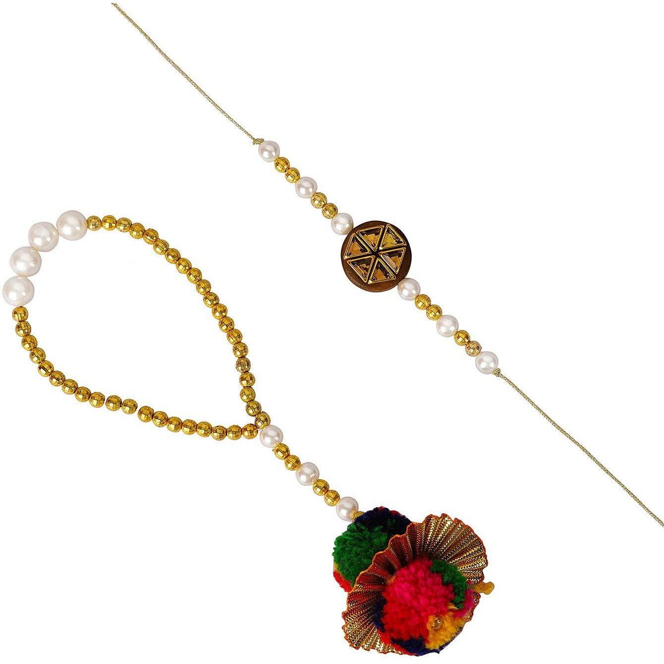 Accessher Traditional Elegant Beads Bhaiyya Bhabhi Lumba Rakhi For Beloved Brother With Acrylic Peacock Pooja Thali, Roli Kumkum Packets And Happy Rakshabandhan Card