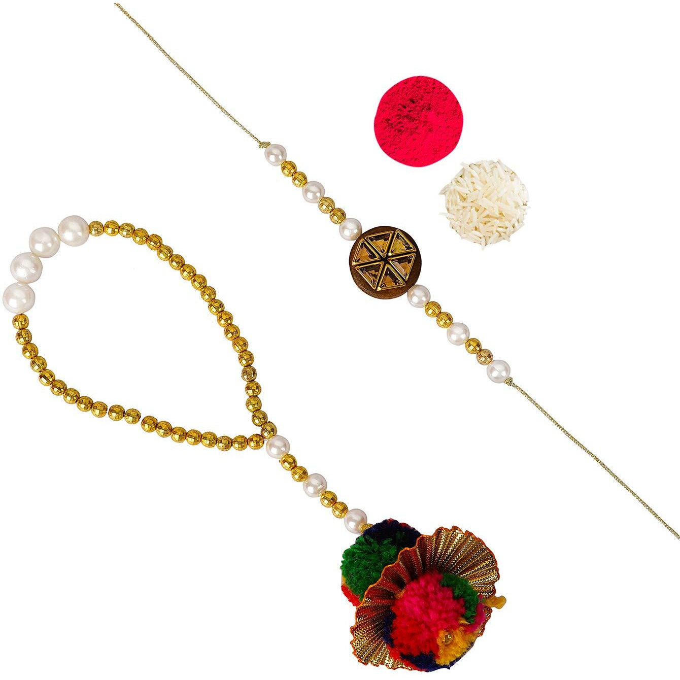 Accessher Traditional Elegant Beads Bhaiyya Bhabhi Lumba Rakhi For Beloved Brother With Acrylic Peacock Pooja Thali, Roli Kumkum Packets And Happy Rakshabandhan Card
