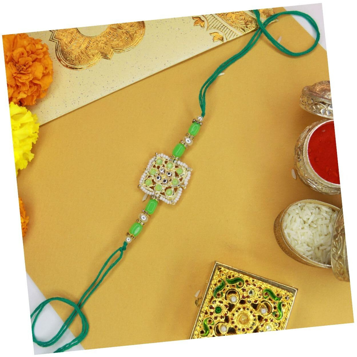 I Jewels Mens Kundan & Pearl Rakhi With Roli Chawal & Rakshabandhan Card For Brother/Bro/Bhai (R075Min)