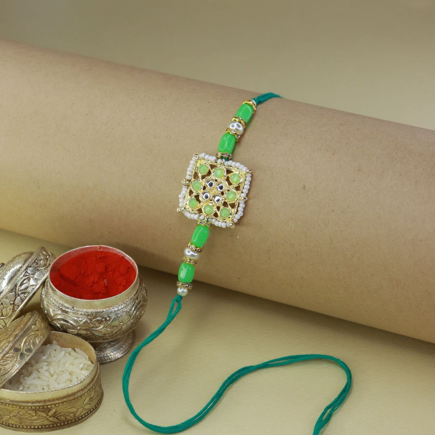 I Jewels Mens Kundan & Pearl Rakhi With Roli Chawal & Rakshabandhan Card For Brother/Bro/Bhai (R075Min)
