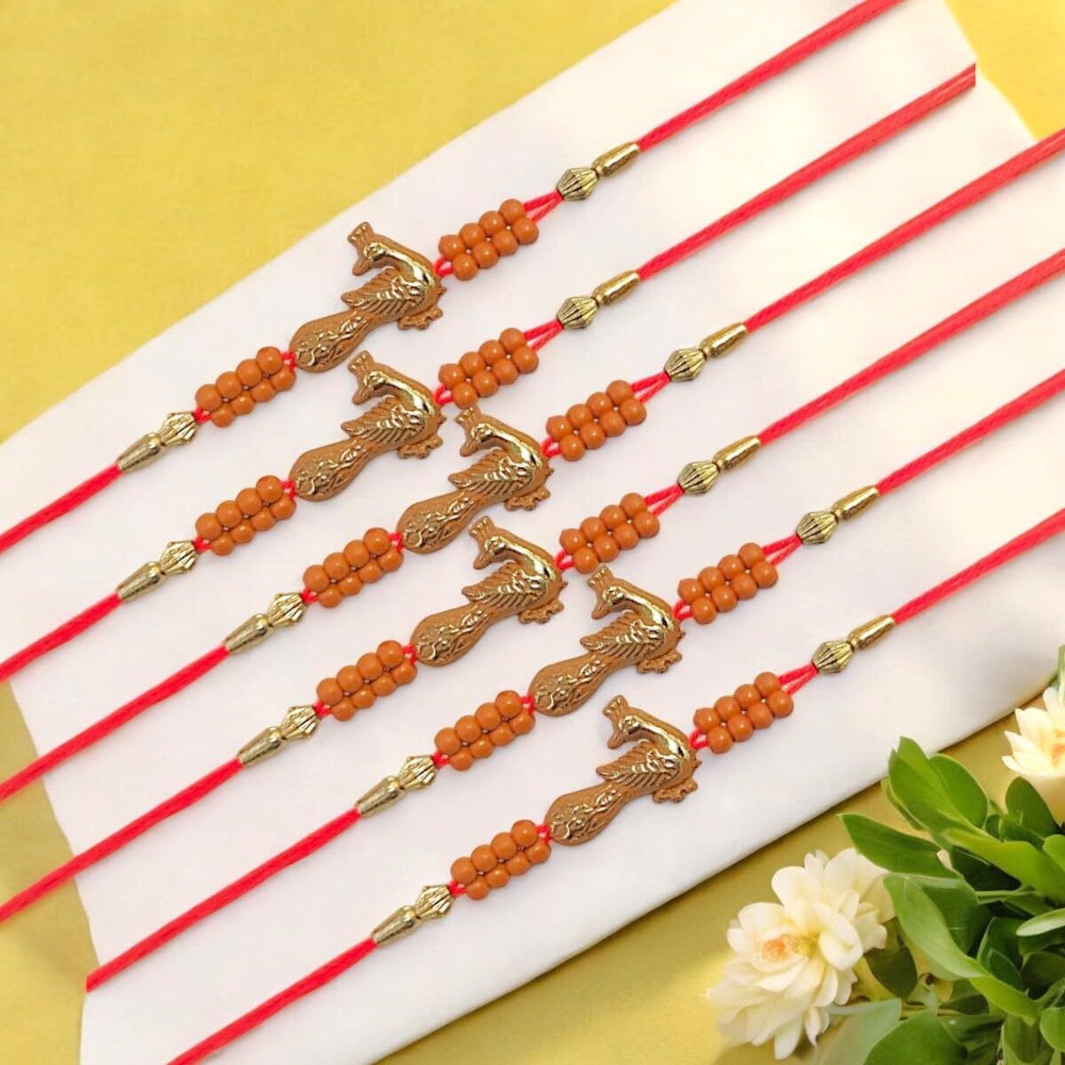 Accessher Unisex Ethnic Meenakari Peacok Design Orange Rakhi For Bwloved Brother Pack Of 6 & Gifting With Roli Kumkum Packets & Happy Rakshabandhan Card