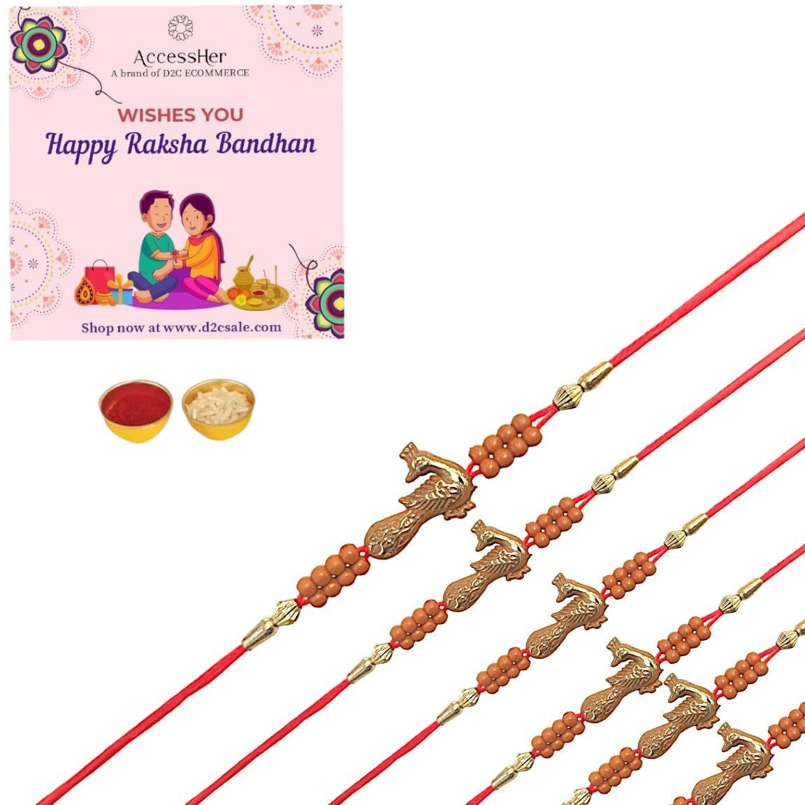 Accessher Unisex Ethnic Meenakari Peacok Design Orange Rakhi For Bwloved Brother Pack Of 6 & Gifting With Roli Kumkum Packets & Happy Rakshabandhan Card