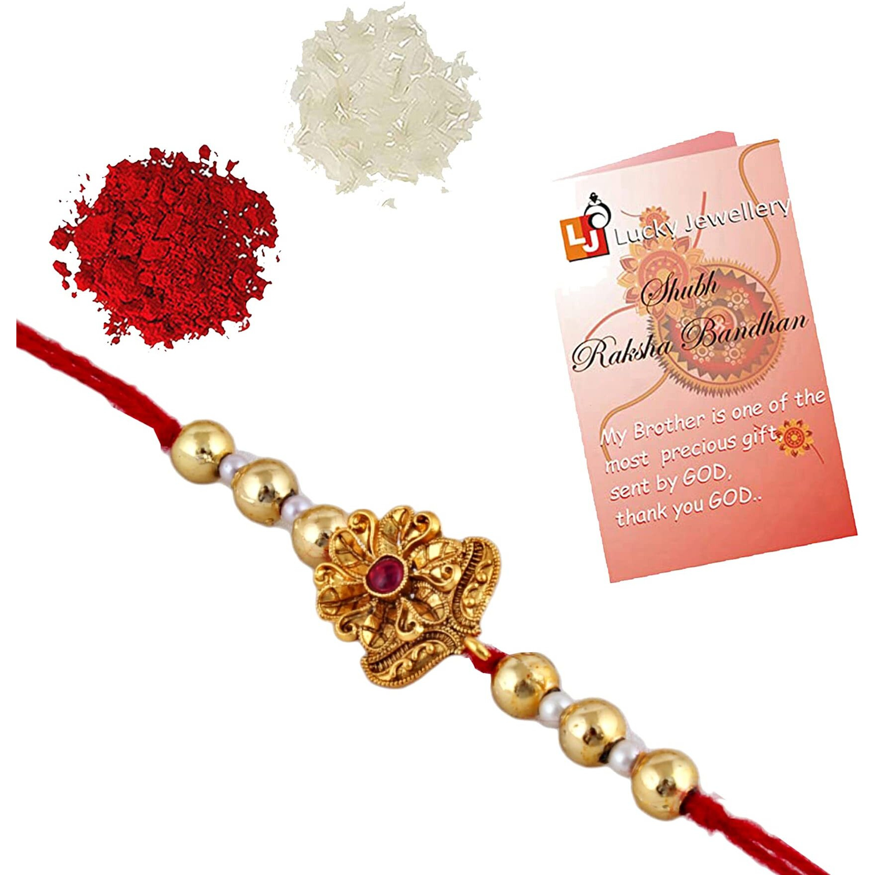 Lucky Jewellery Unisex Adult Gold-Plated Rakhi - Red Thread, Designer Fancy Traditional Rakhee Bracelet For Brother/Bhai/Bhaiya/Bhabhi - Rakshasutra