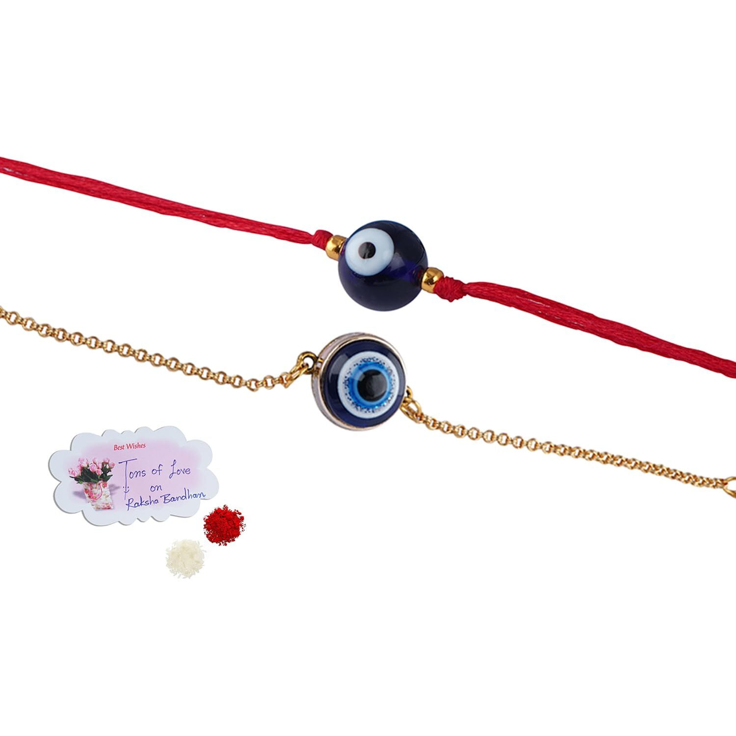 Jfl Mens - Jewellery For Less Combo Of 2 Traditional Evil Eye Rakhi For Rakshabandhan Festival Brother Rakhi Handcrafted With Roli Chawal & Hand Written Card, Adjustable.