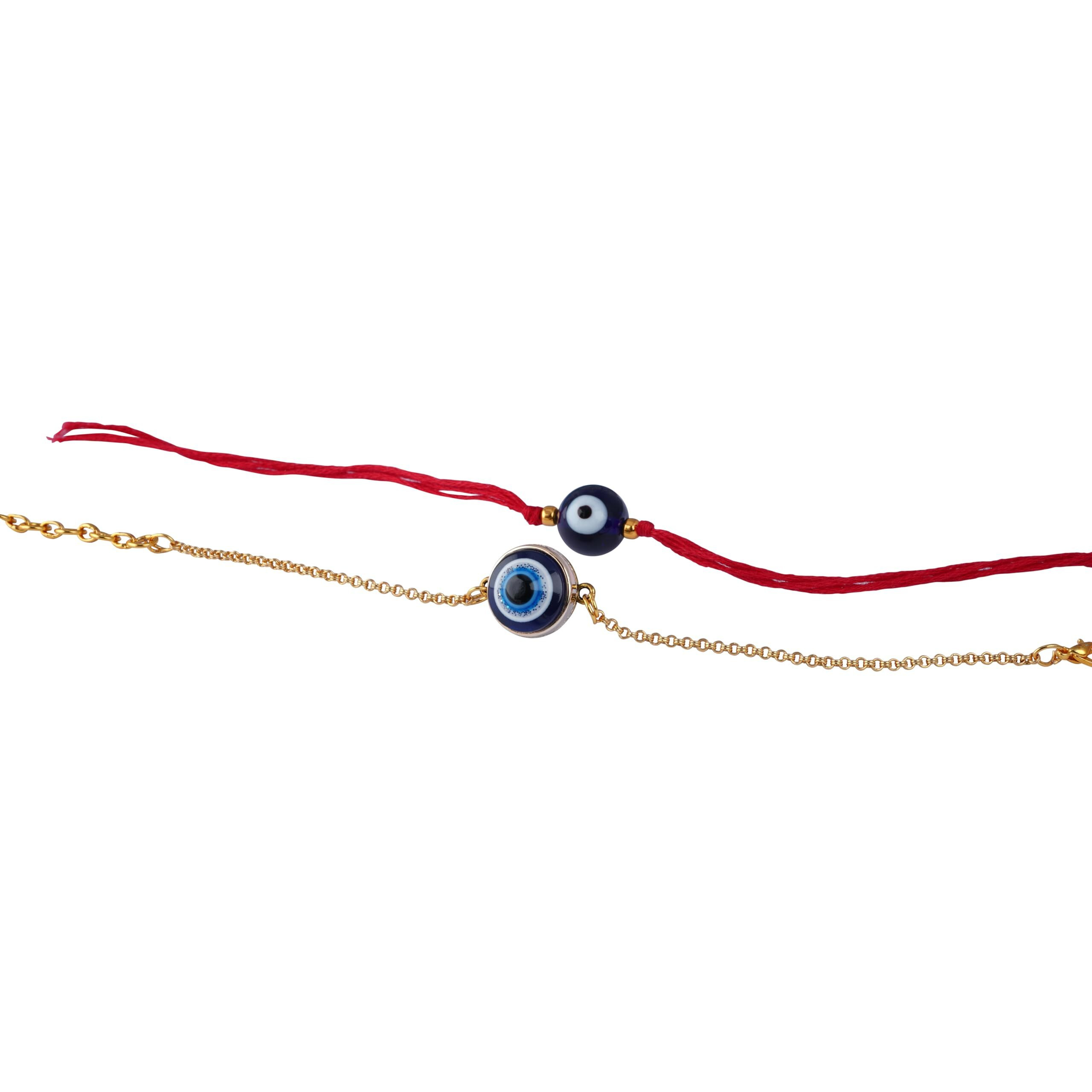 Jfl Mens - Jewellery For Less Combo Of 2 Traditional Evil Eye Rakhi For Rakshabandhan Festival Brother Rakhi Handcrafted With Roli Chawal & Hand Written Card, Adjustable.