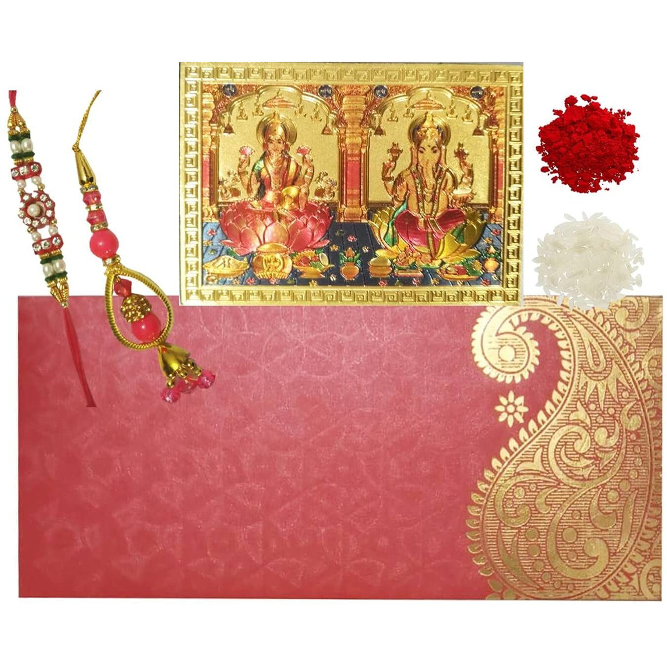Purpledip Rakhi Set Bhai Rakhi Bracelet, Bhabhi Rakhi (Lumba Or Latkan), Ganesha Lakshmi Sticker, Roli Tika (Rakhi80D)