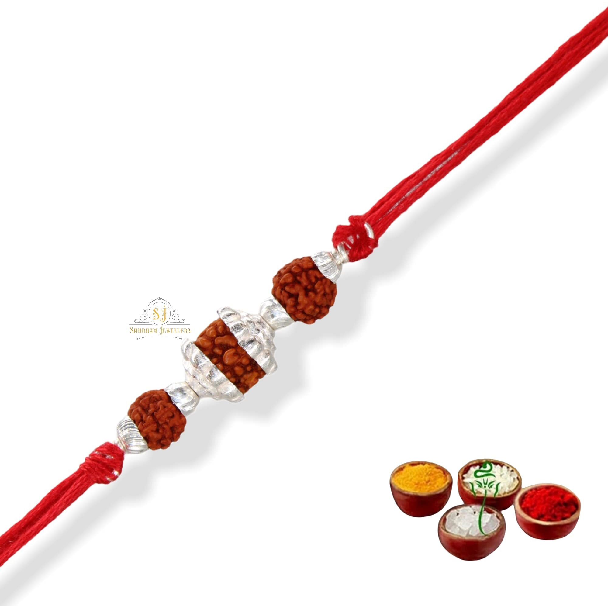 Sj Shubham Jewellers 925 Sterling Silver Rakhi For Brother Rudraksha Rakhi Bracelet Raksha Bandhan Pure Cotton For Men, Boys, Kids Rakhi With Roli Chawal (Sj-Rudra3Lncd2)