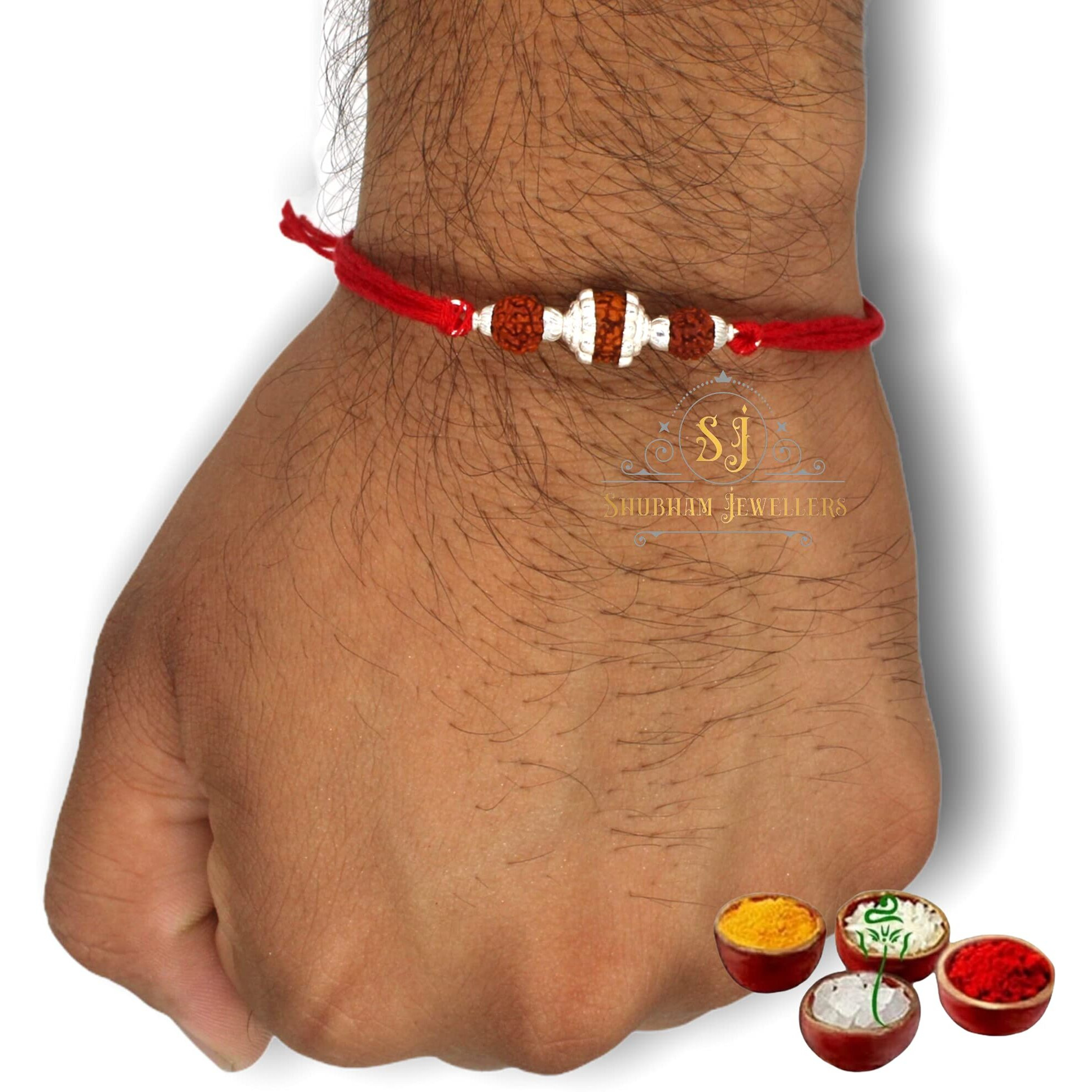 Sj Shubham Jewellers 925 Sterling Silver Rakhi For Brother Rudraksha Rakhi Bracelet Raksha Bandhan Pure Cotton For Men, Boys, Kids Rakhi With Roli Chawal (Sj-Rudra3Lncd2)