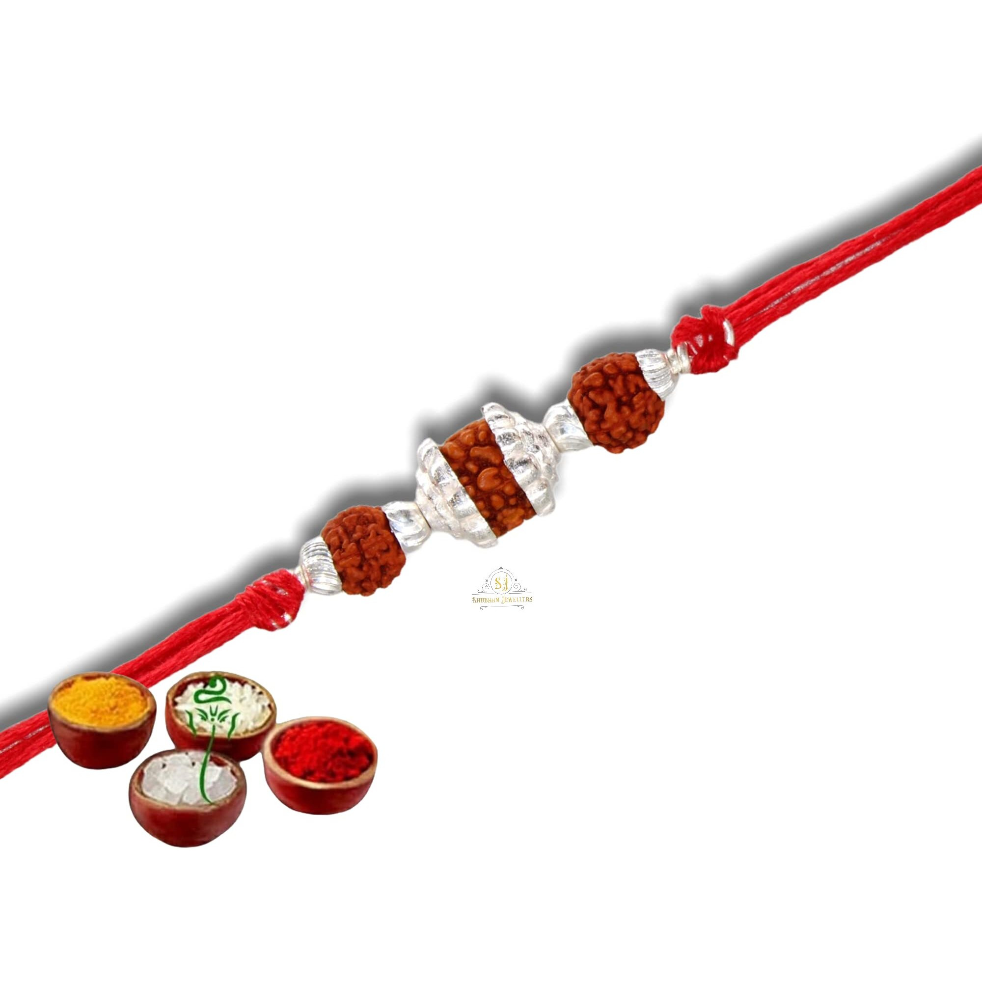 Sj Shubham Jewellers 925 Sterling Silver Rakhi For Brother Rudraksha Rakhi Bracelet Raksha Bandhan Pure Cotton For Men, Boys, Kids Rakhi With Roli Chawal (Sj-Rudra3Lncd2)