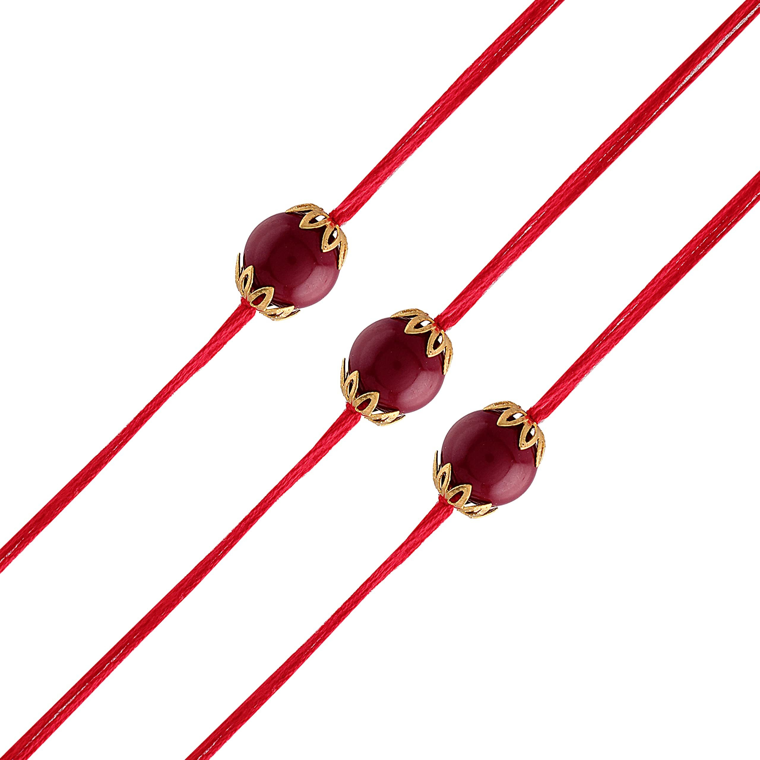 I Jewels Mens Gold Plated Ethnic Pearl Rakhi With Roli Chawal & Rakshabandhan Card For Bro/Brother/Bhai (R009-3) (Pack Of 3)