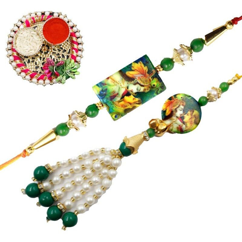 Alaukik Bhaiya Bhabhi Radha Krishna Rakhi Set Bhabhi Lumba Pair Couple Rakhi With Decorative Pooja Thali/Roli And Chawal