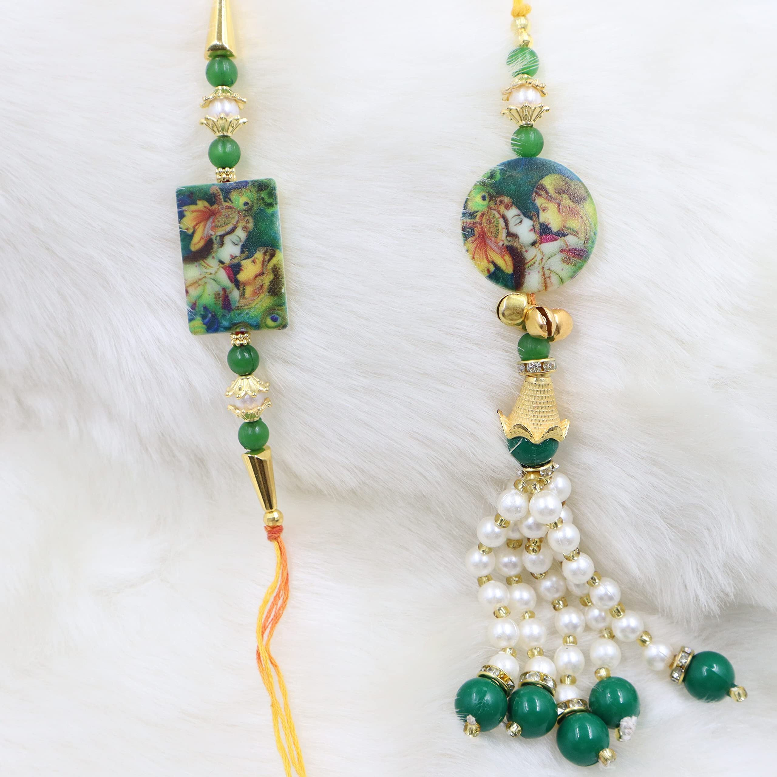 Alaukik Bhaiya Bhabhi Radha Krishna Rakhi Set Bhabhi Lumba Pair Couple Rakhi With Decorative Pooja Thali/Roli And Chawal