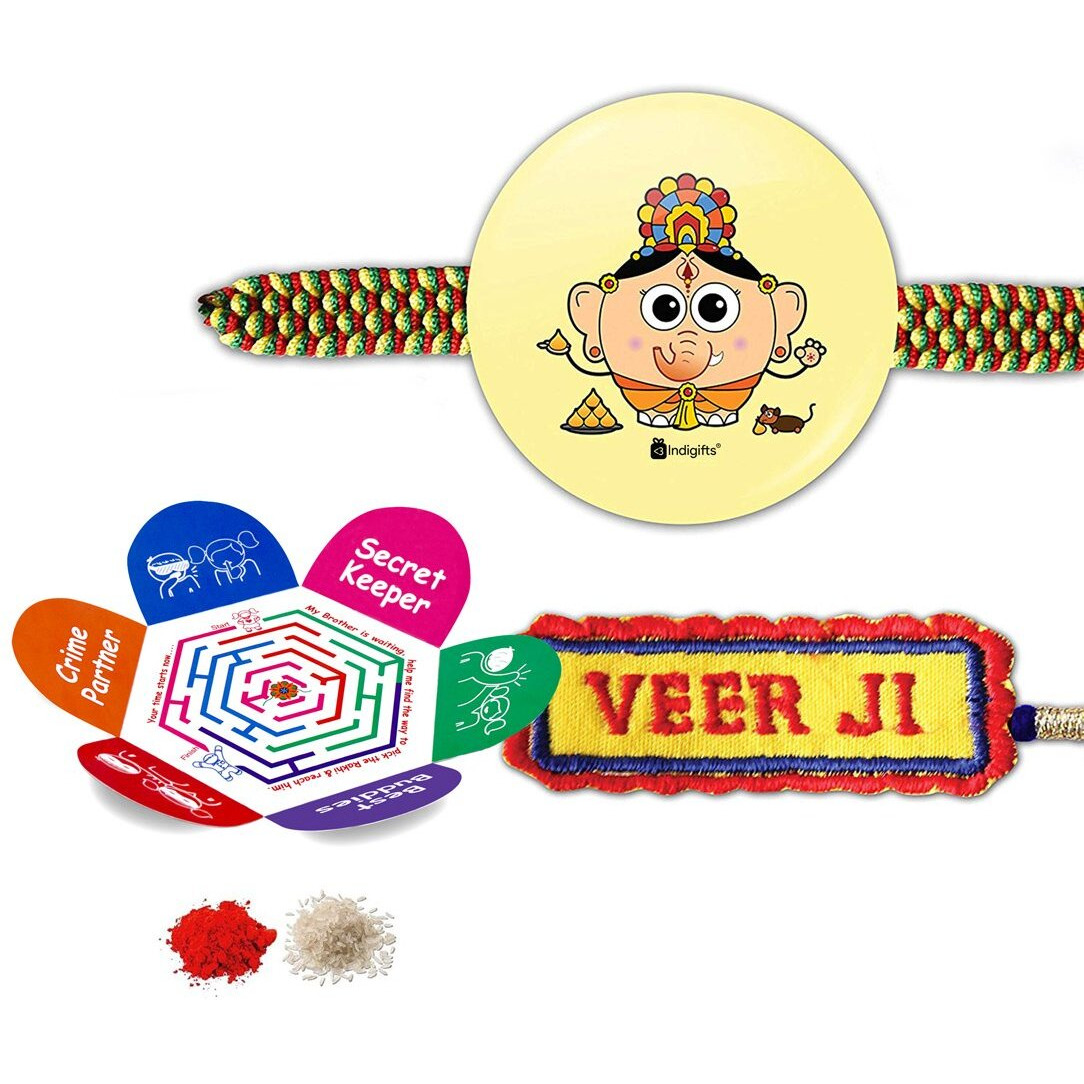 Indigifts Rakhi With Roli Chawal Greeting Card Set Of Embroidery Yellow Veerji Rakhi Designer Cartoon Yellow Ganesha Badge Rakhi