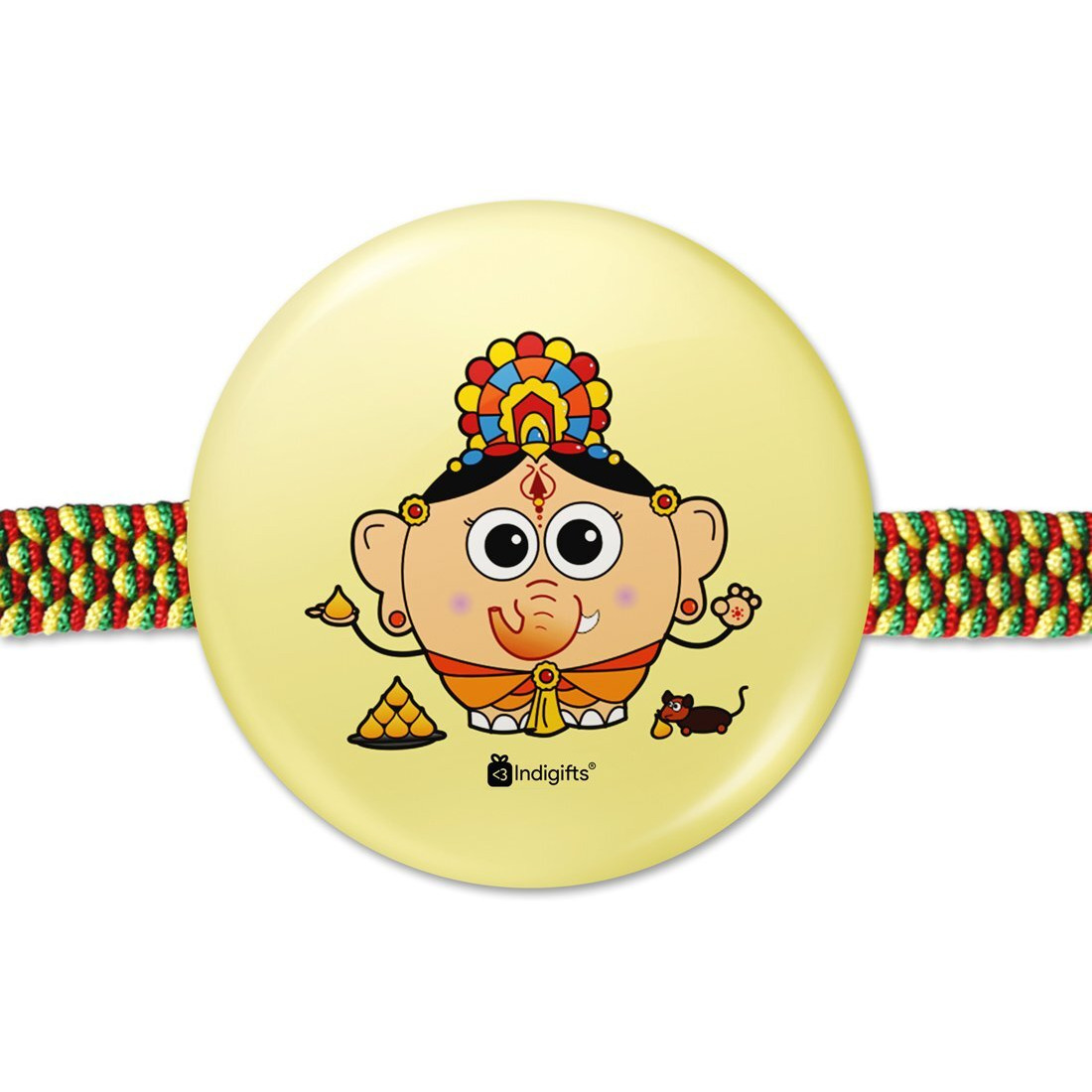 Indigifts Rakhi With Roli Chawal Greeting Card Set Of Embroidery Yellow Veerji Rakhi Designer Cartoon Yellow Ganesha Badge Rakhi