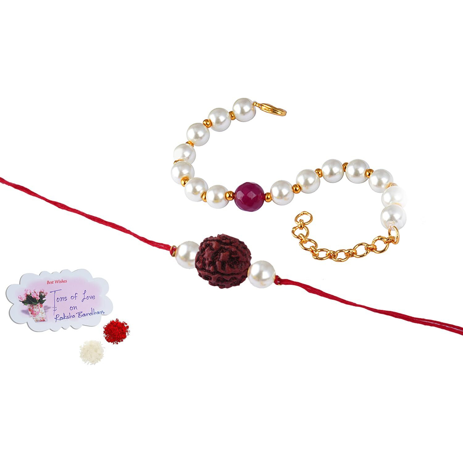 Jfl-Jewellery For Less Handmade Rakhi For Brother Combo Couple Pair Rudraksha Rakhi & Onyx Pearl Bracelet Set For Bhaiya Modern Rakhi With Roli Chawal For Raksha Bandhan