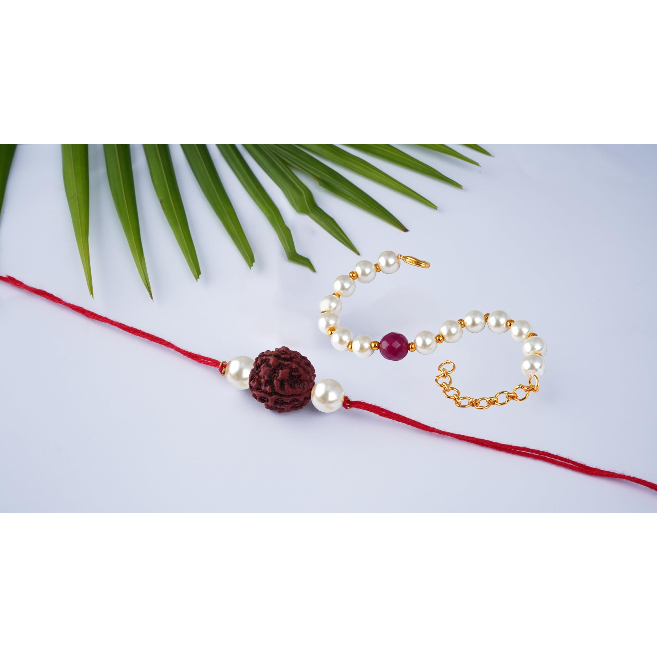 Jfl-Jewellery For Less Handmade Rakhi For Brother Combo Couple Pair Rudraksha Rakhi & Onyx Pearl Bracelet Set For Bhaiya Modern Rakhi With Roli Chawal For Raksha Bandhan