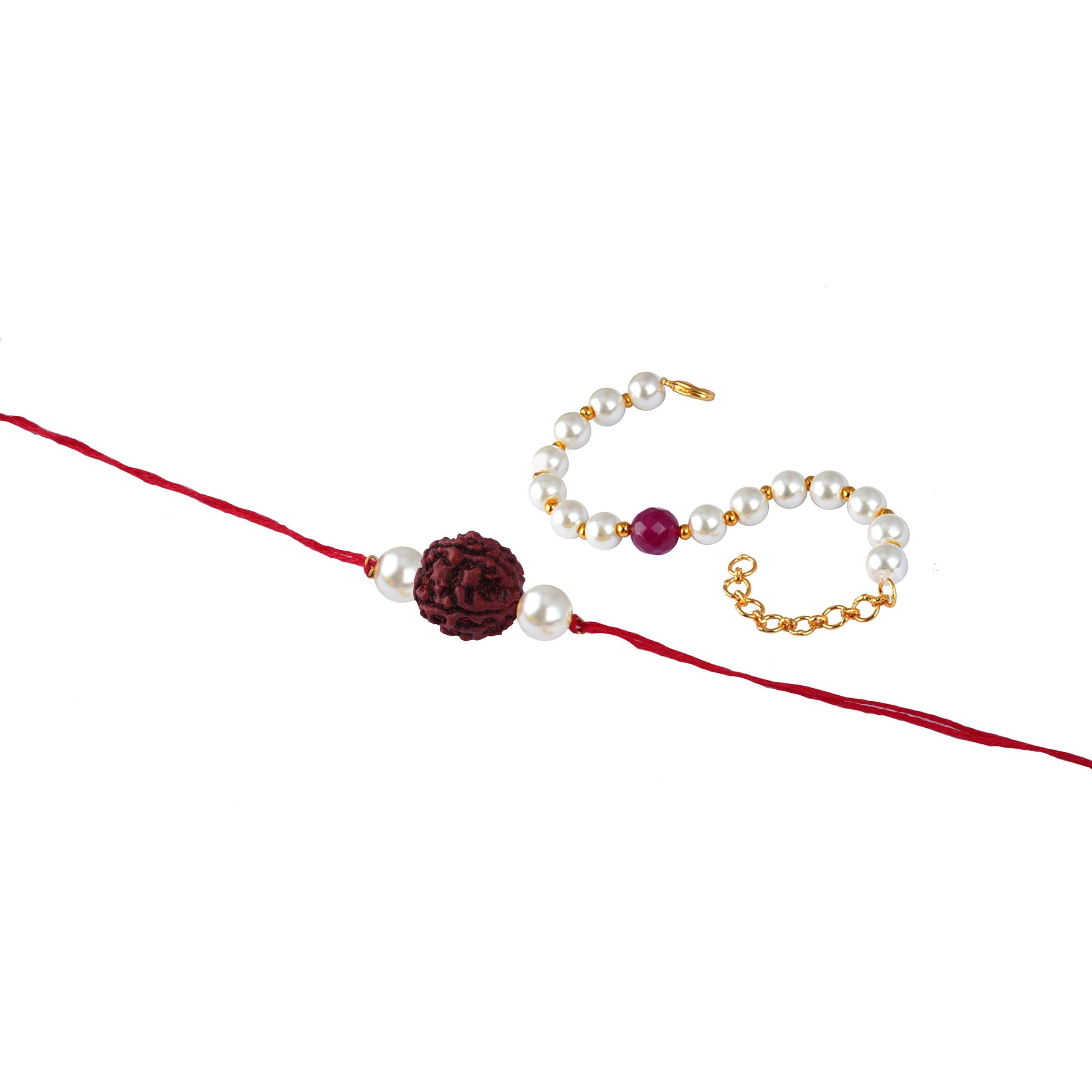 Jfl-Jewellery For Less Handmade Rakhi For Brother Combo Couple Pair Rudraksha Rakhi & Onyx Pearl Bracelet Set For Bhaiya Modern Rakhi With Roli Chawal For Raksha Bandhan