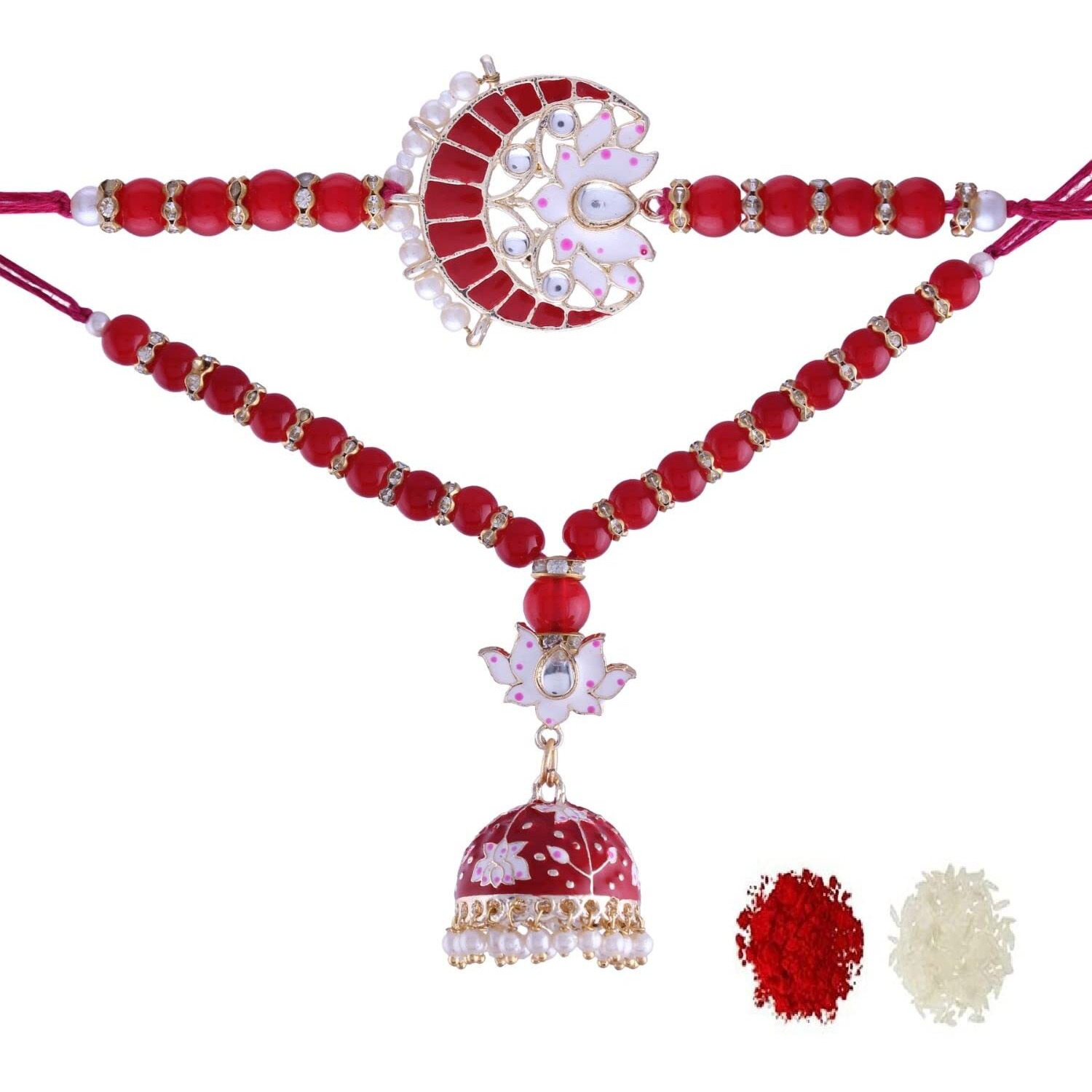 I Jewels Designer Bhaiya Bhabhi Lumba Rakhi Bracelet Combo Set With Roli Chawal & Rakshabandhan Card For Unisex Adult (R074R-Co)