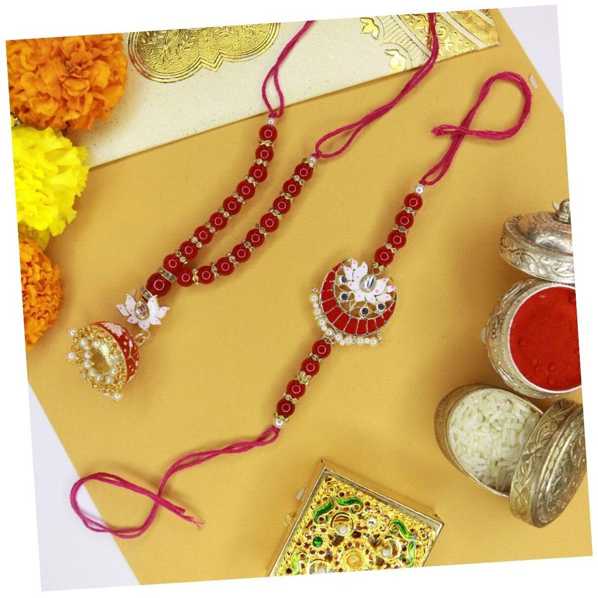 I Jewels Designer Bhaiya Bhabhi Lumba Rakhi Bracelet Combo Set With Roli Chawal & Rakshabandhan Card For Unisex Adult (R074R-Co)