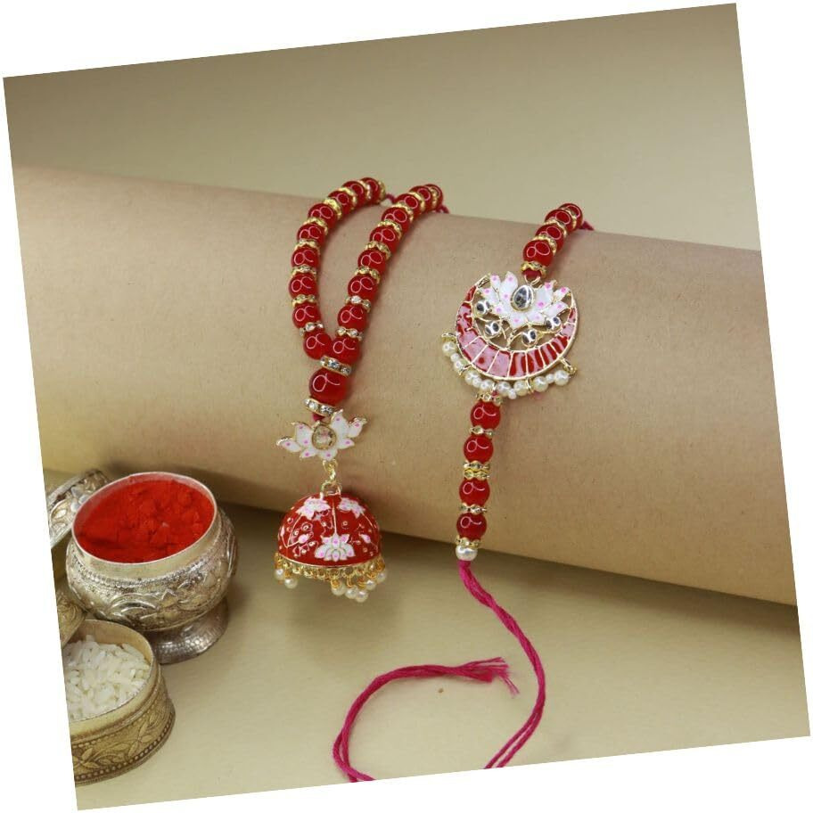 I Jewels Designer Bhaiya Bhabhi Lumba Rakhi Bracelet Combo Set With Roli Chawal & Rakshabandhan Card For Unisex Adult (R074R-Co)