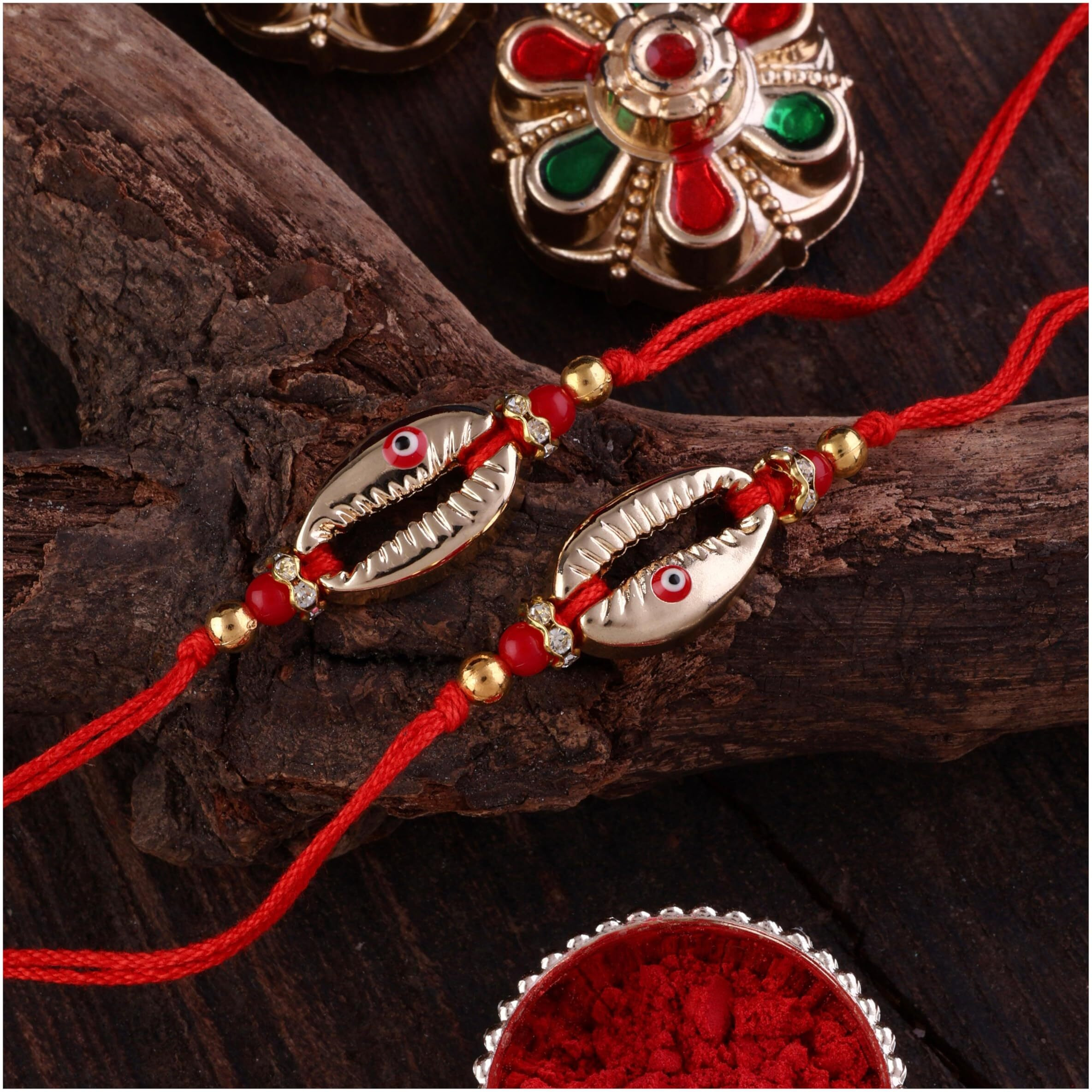 Shonas Style Decorative Shell Rakhi With Evil Eye, Red Thread Bracelet, Gold-Toned Beads, Set Of 2