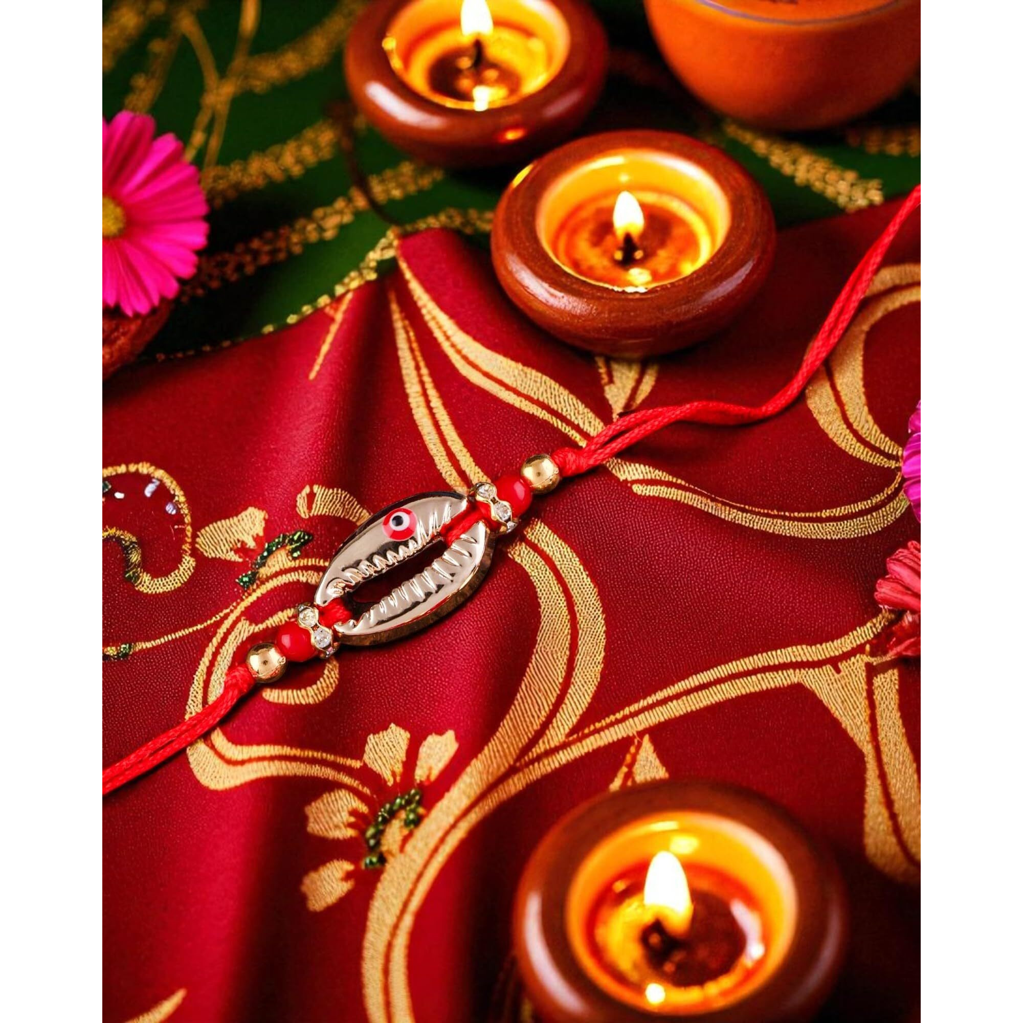 Shonas Style Decorative Shell Rakhi With Evil Eye, Red Thread Bracelet, Gold-Toned Beads, Set Of 2